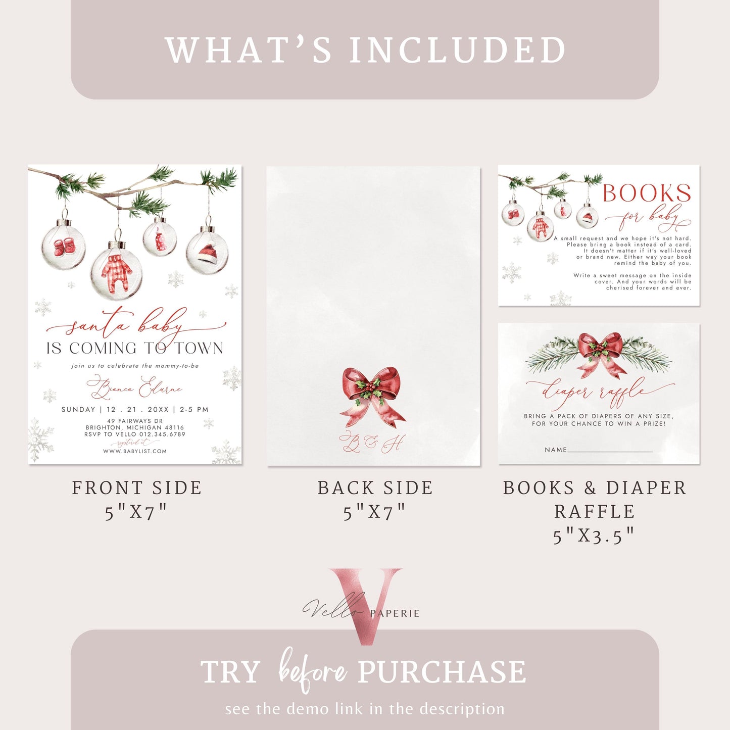 BUNDLE Little Santa is Coming to Town Baby Shower Invitation | Winter Gender Neutral Baby Invite | Modern Red Silver Christmas Glass CWBS01