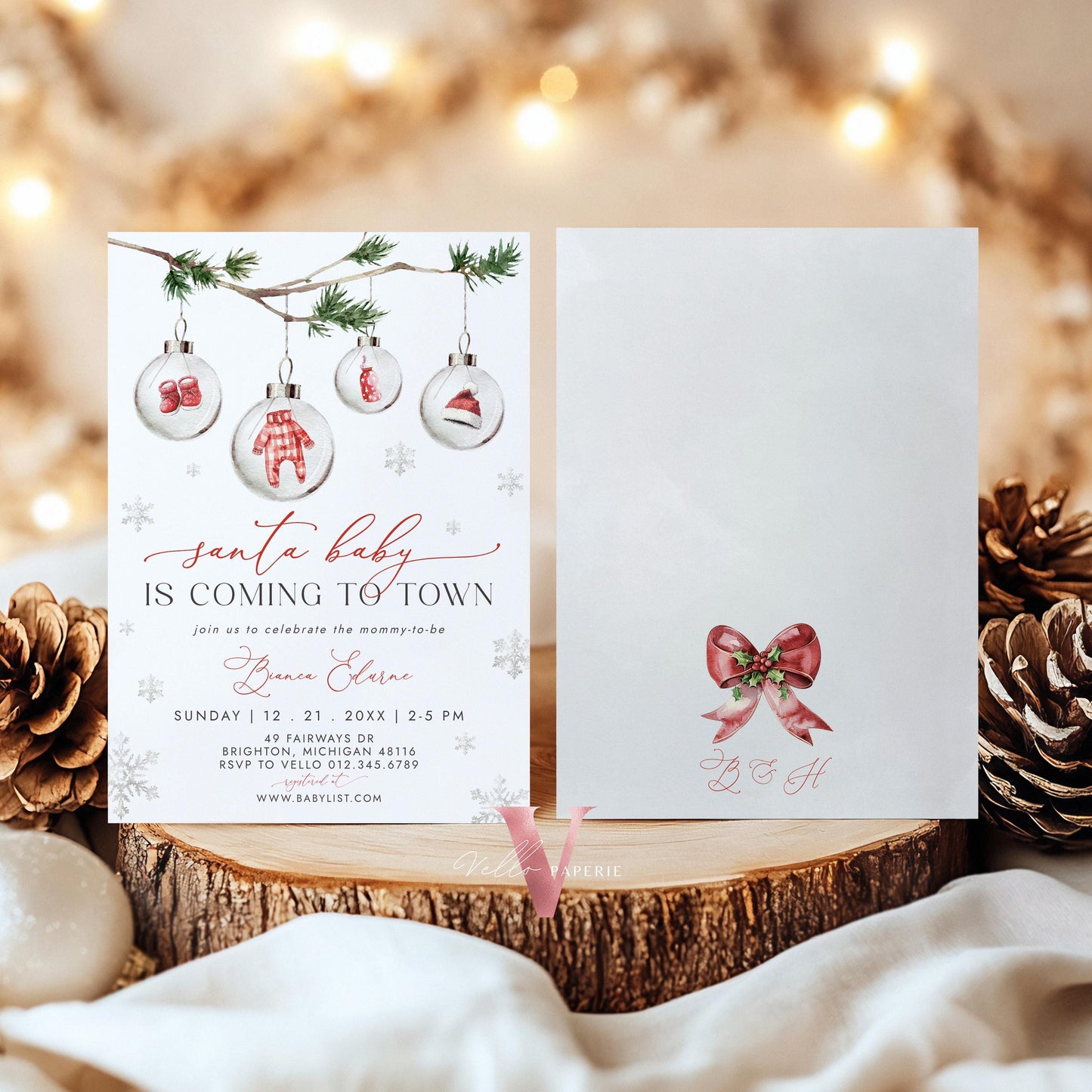 BUNDLE Little Santa is Coming to Town Baby Shower Invitation | Winter Gender Neutral Baby Invite | Modern Red Silver Christmas Glass CWBS01