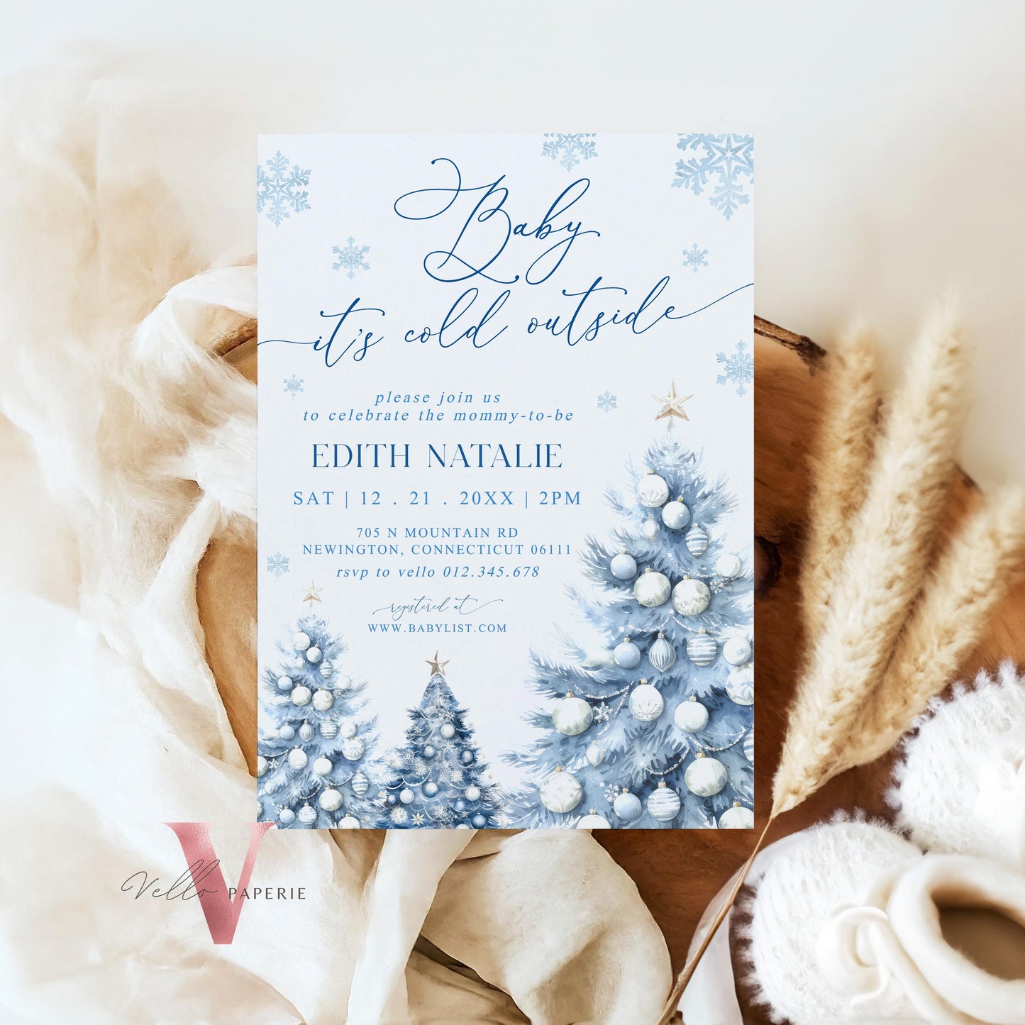 BUNDLE Dusty Blue Baby It's Cold Outside Shower Invitation | Winter Snowflakes Baby Invite | Modern Blue Christmas Tree Baby Shower WBS01