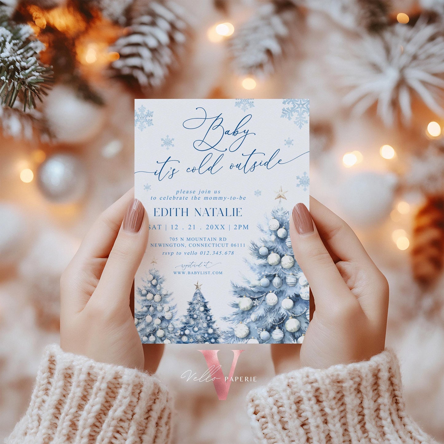 BUNDLE Dusty Blue Baby It's Cold Outside Shower Invitation | Winter Snowflakes Baby Invite | Modern Blue Christmas Tree Baby Shower WBS01