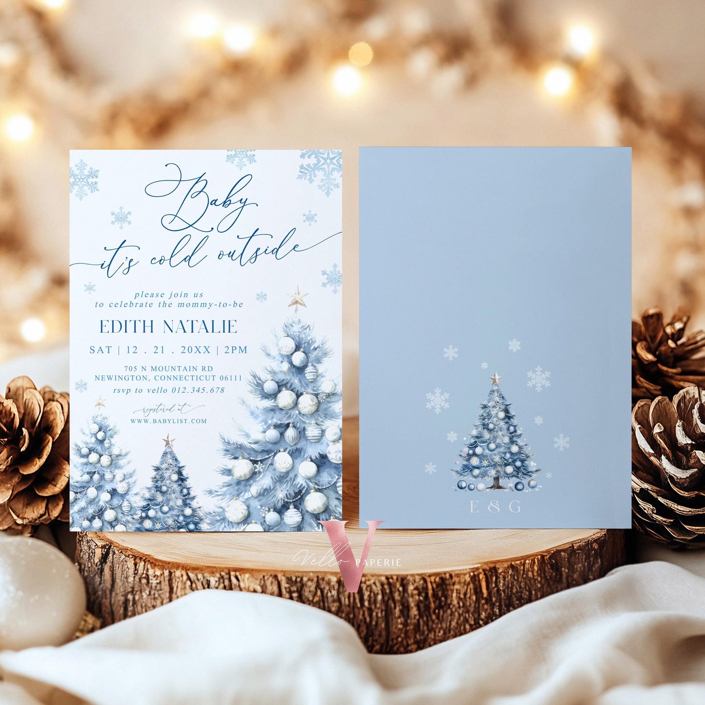 BUNDLE Dusty Blue Baby It's Cold Outside Shower Invitation | Winter Snowflakes Baby Invite | Modern Blue Christmas Tree Baby Shower WBS01