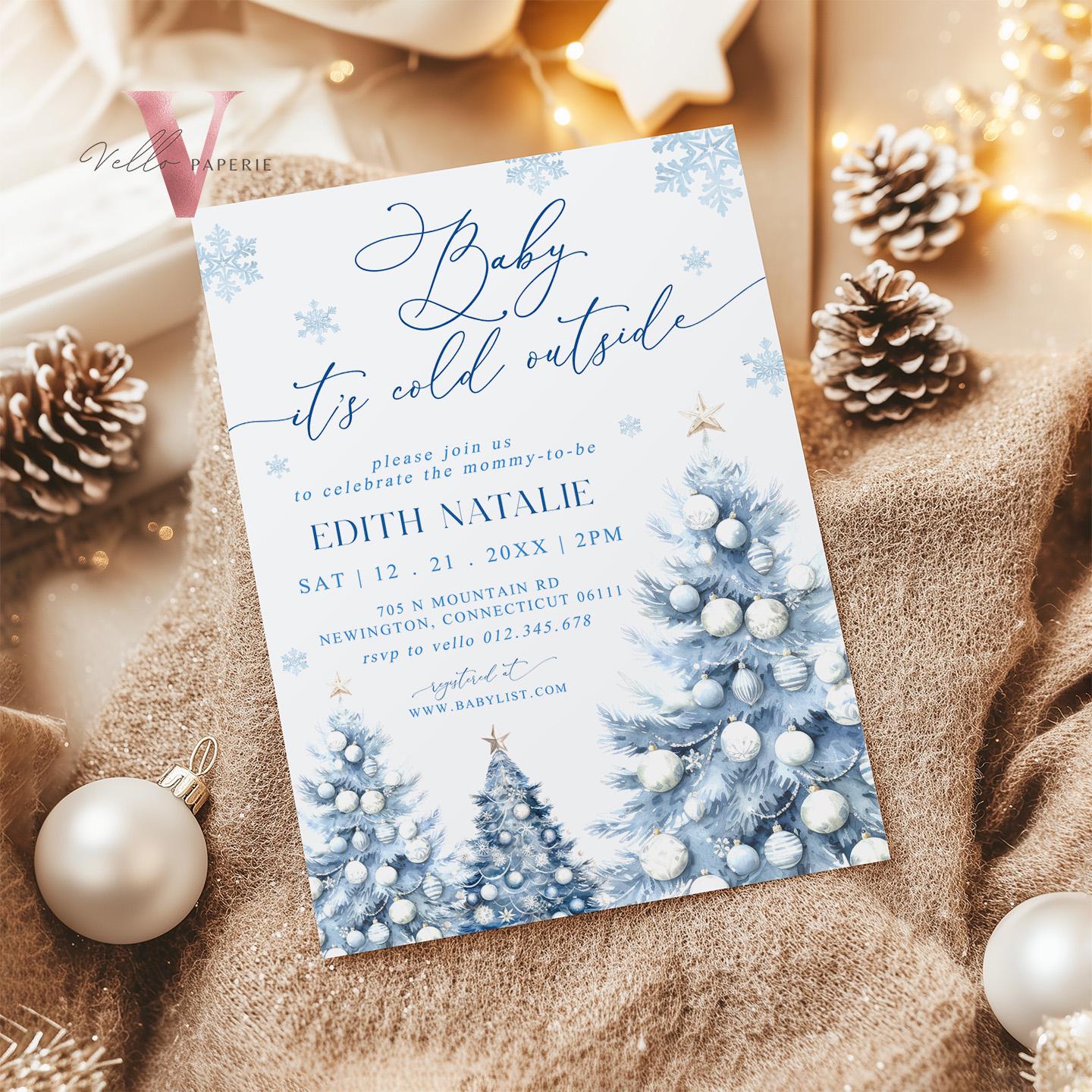 BUNDLE Dusty Blue Baby It's Cold Outside Shower Invitation | Winter Snowflakes Baby Invite | Modern Blue Christmas Tree Baby Shower WBS01