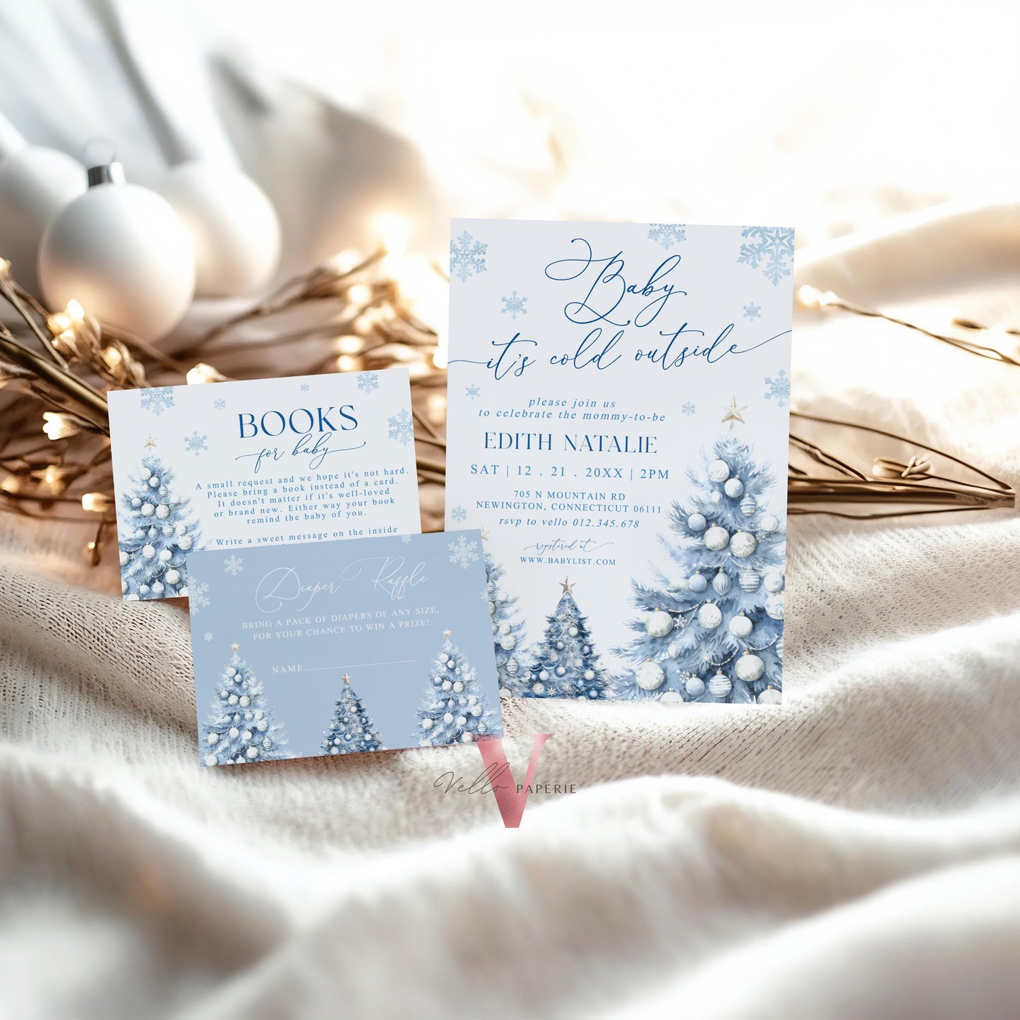 BUNDLE Dusty Blue Baby It's Cold Outside Shower Invitation | Winter Snowflakes Baby Invite | Modern Blue Christmas Tree Baby Shower WBS01