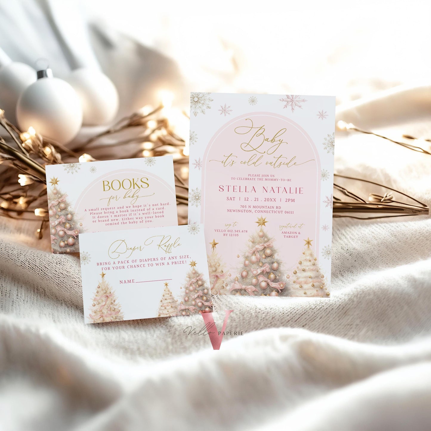 BUNDLE Blush Pink Baby It's Cold Outside Shower Invitation | Winter Snowflakes Baby Invite | Modern Pink Christmas Tree Baby Shower WBS01
