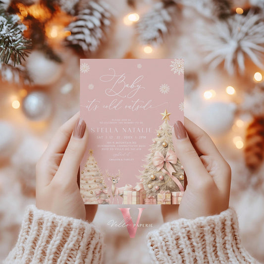 BUNDLE Blush Pink Baby It's Cold Outside Shower Invitation | Winter Snowflakes Baby Invite | Modern Pink Christmas Tree Baby Shower WBS01