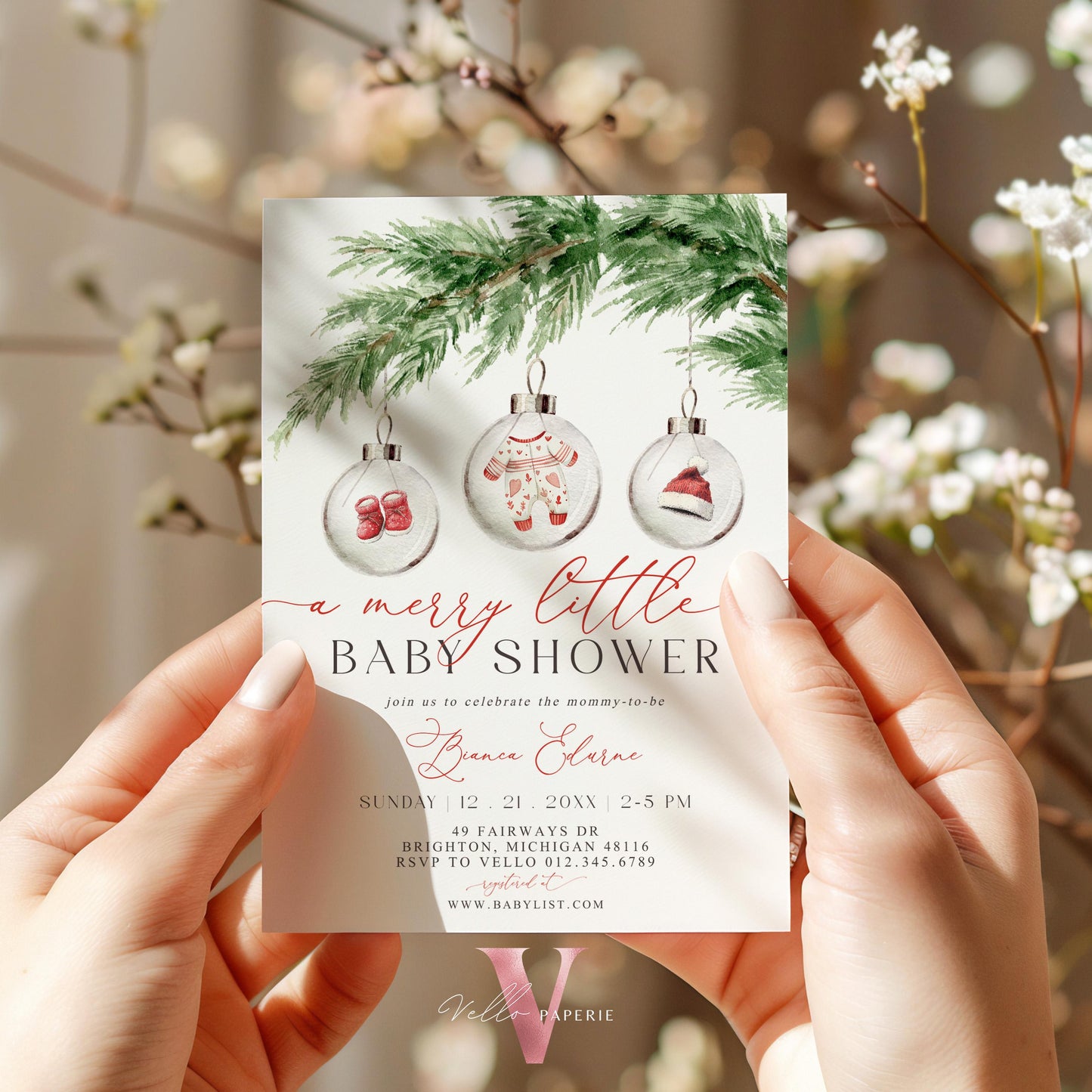 BUNDLE A Merry Little Baby Shower Invitation | Winter Gender Neutral Baby Coming Invite | Modern Red Silver Christmas Ball Glass CWBS01