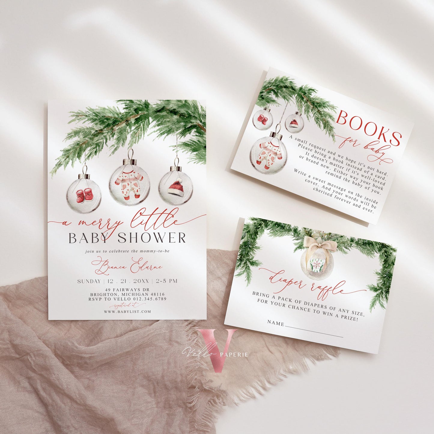 BUNDLE A Merry Little Baby Shower Invitation | Winter Gender Neutral Baby Coming Invite | Modern Red Silver Christmas Ball Glass CWBS01