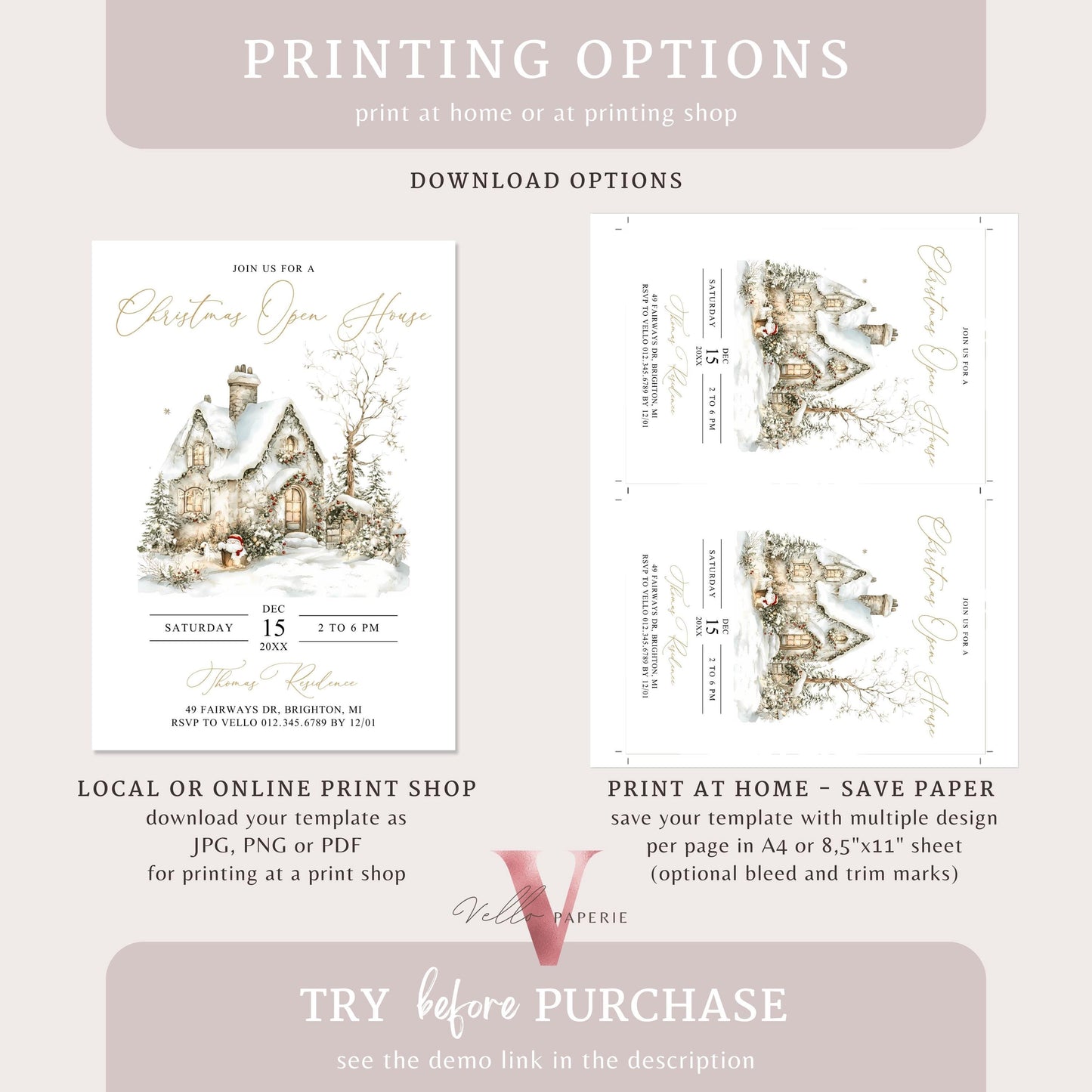 Editable Printable Christmas Open House Invitation | Neutral Winter Christmas Party Invite | Beige Gold Silver Holiday Xmas Party CHP01