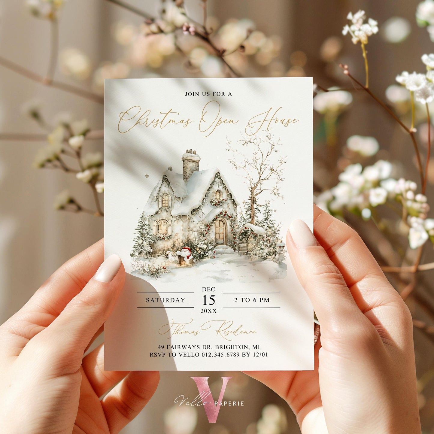 Editable Printable Christmas Open House Invitation | Neutral Winter Christmas Party Invite | Beige Gold Silver Holiday Xmas Party CHP01