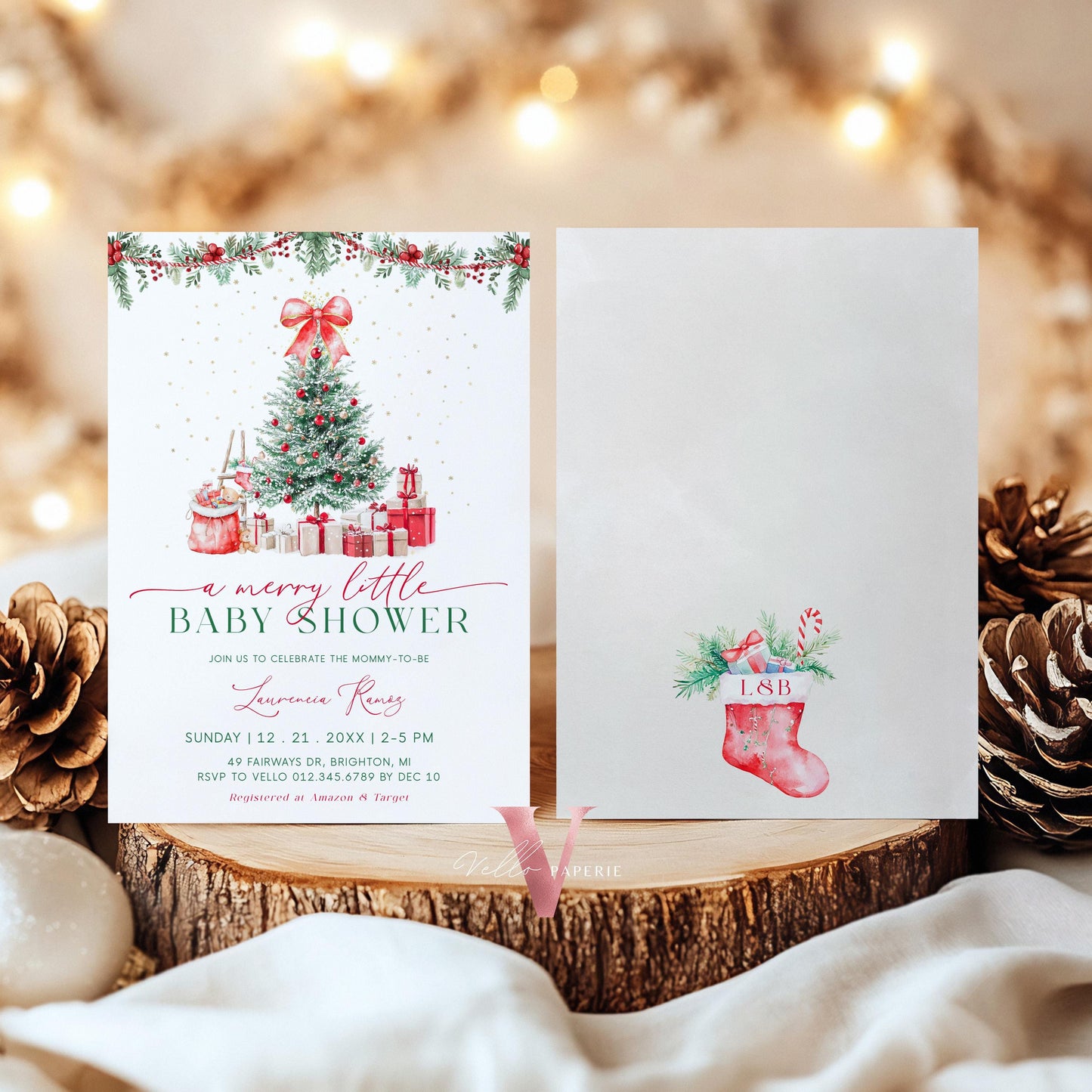 BUNDLE A Merry Little Baby Shower Invitation | Winter Gender Neutral Baby Coming Invite | Modern Red Silver Christmas Ball Glass CWBS01