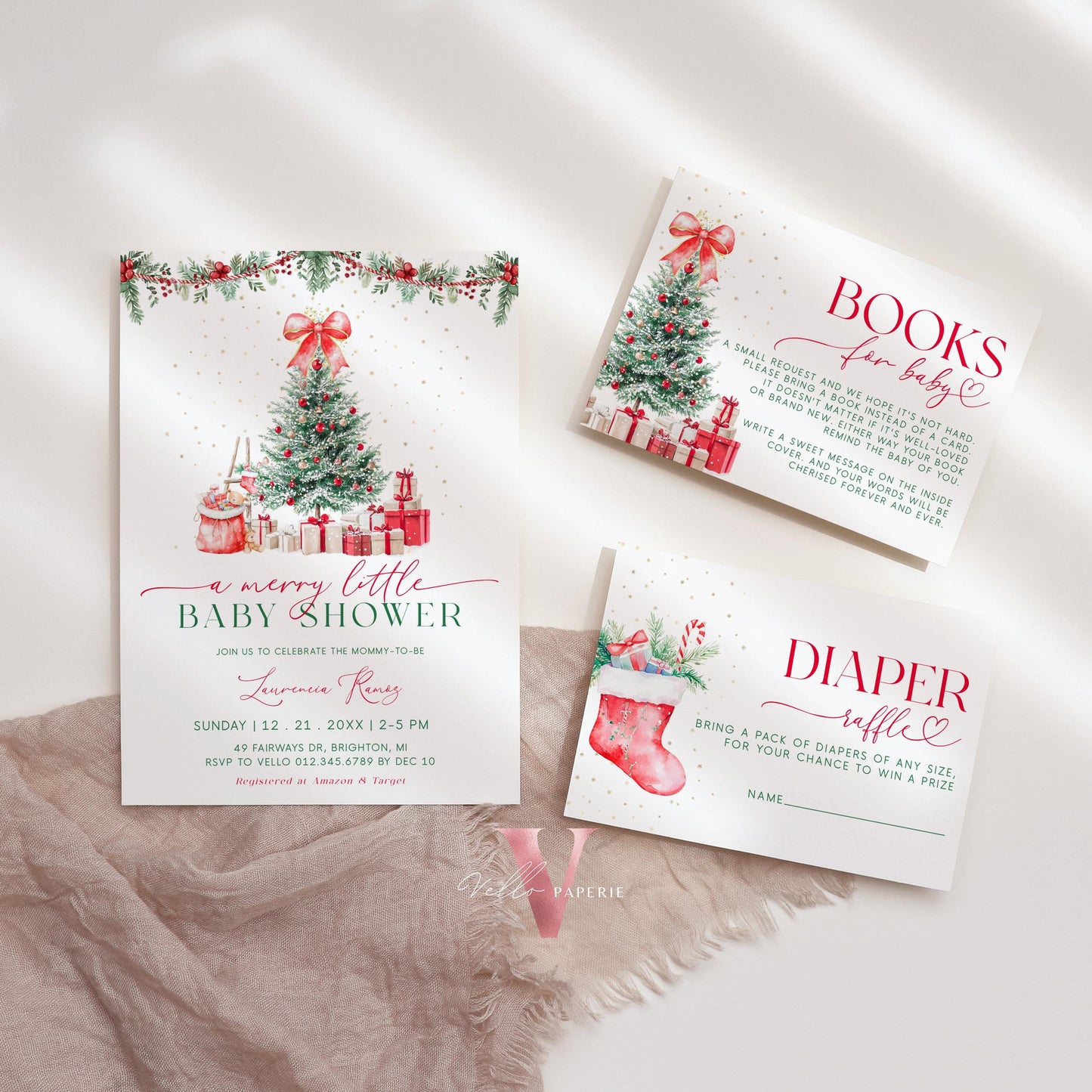 BUNDLE A Merry Little Baby Shower Invitation | Winter Gender Neutral Baby Coming Invite | Modern Red Silver Christmas Ball Glass CWBS01