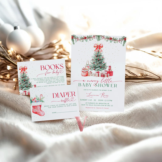 BUNDLE A Merry Little Baby Shower Invitation | Winter Gender Neutral Baby Coming Invite | Modern Red Silver Christmas Ball Glass CWBS01