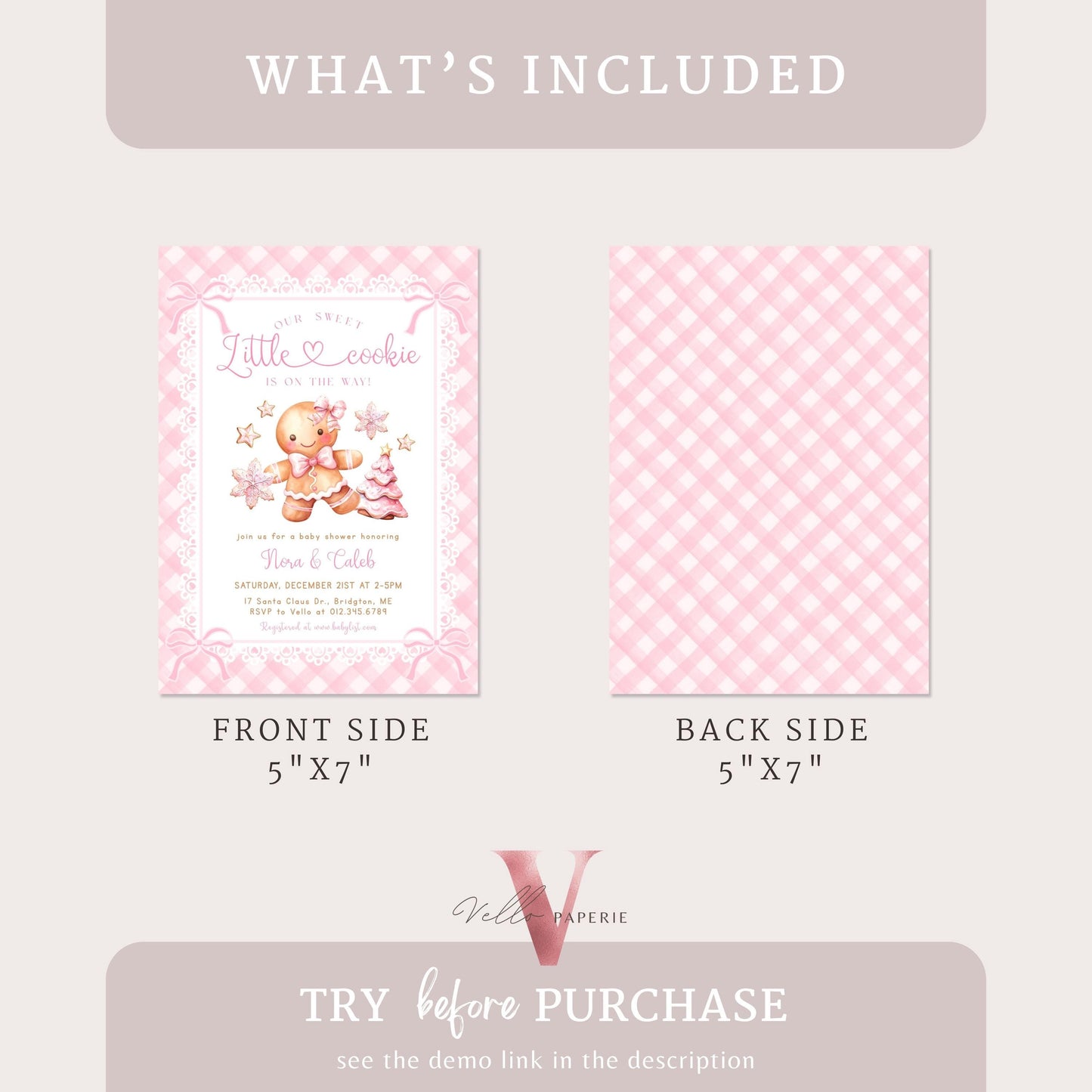 Little Cookie on the way Shower Invite | Winter Girl Gingerbread Baby Shower Invitation | Pink Gingerbread Christmas Season Gingham CWBS01