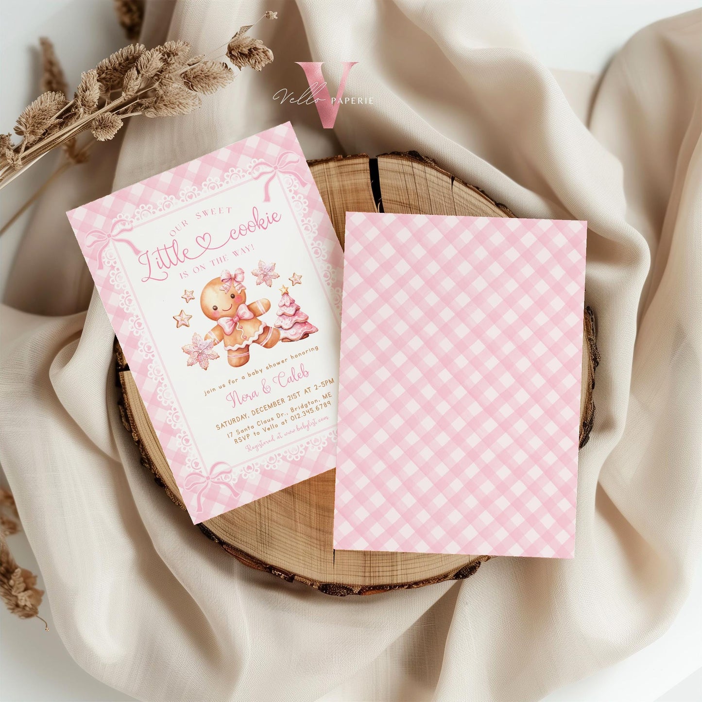 Little Cookie on the way Shower Invite | Winter Girl Gingerbread Baby Shower Invitation | Pink Gingerbread Christmas Season Gingham CWBS01