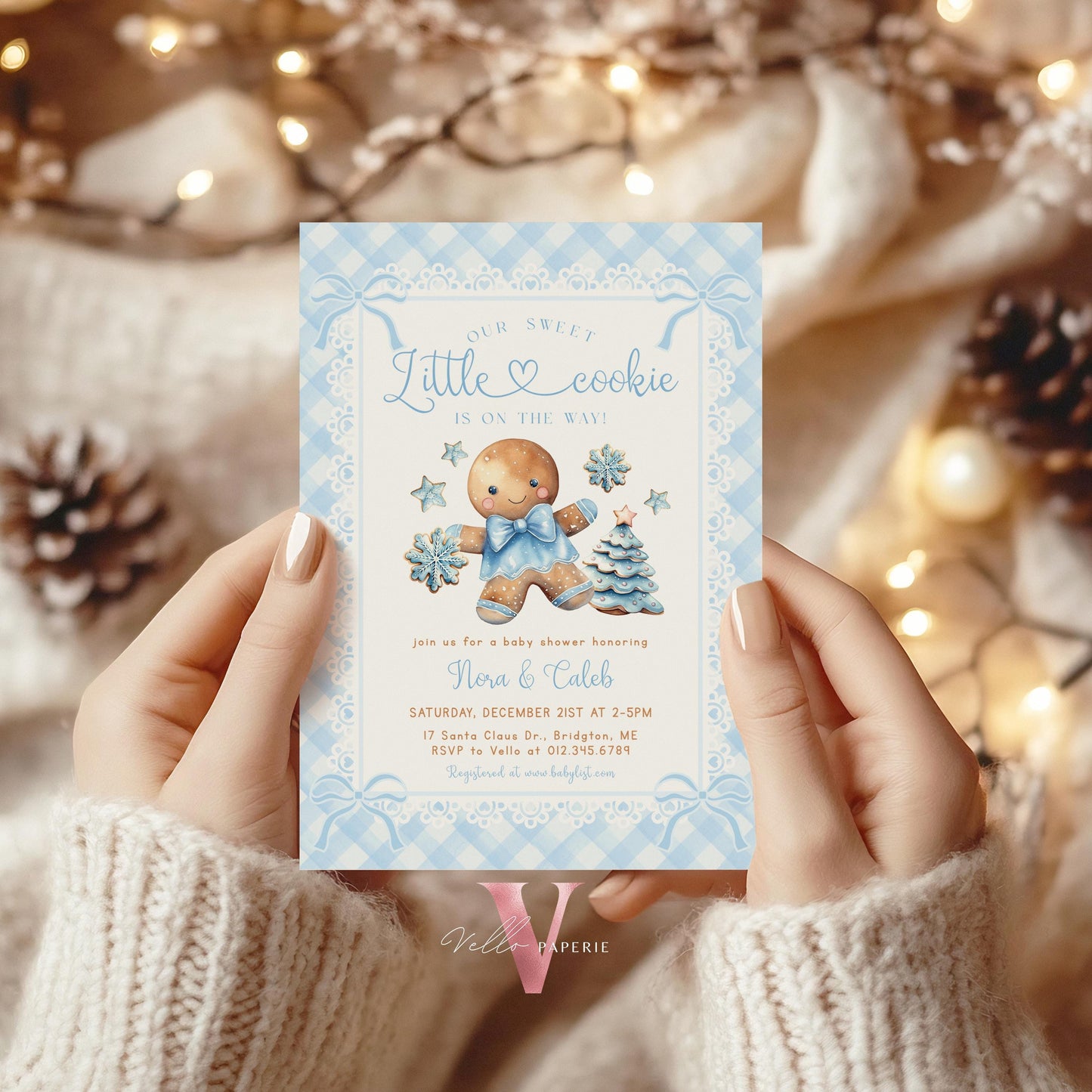 Little Cookie on the way Shower Invite | Winter Boy Gingerbread Baby Shower Invitation | Blue Gingerbread Christmas Season Gingham CWBS01