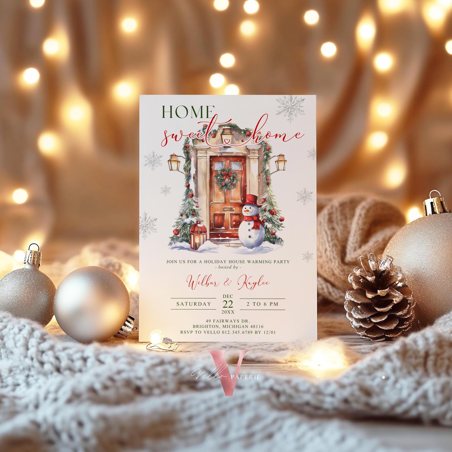 Winter House Warming Invitation | Neutral Red Green Home Sweet Home Party Invite | Modern or Rustic New House Celebration Christmas  WHW01