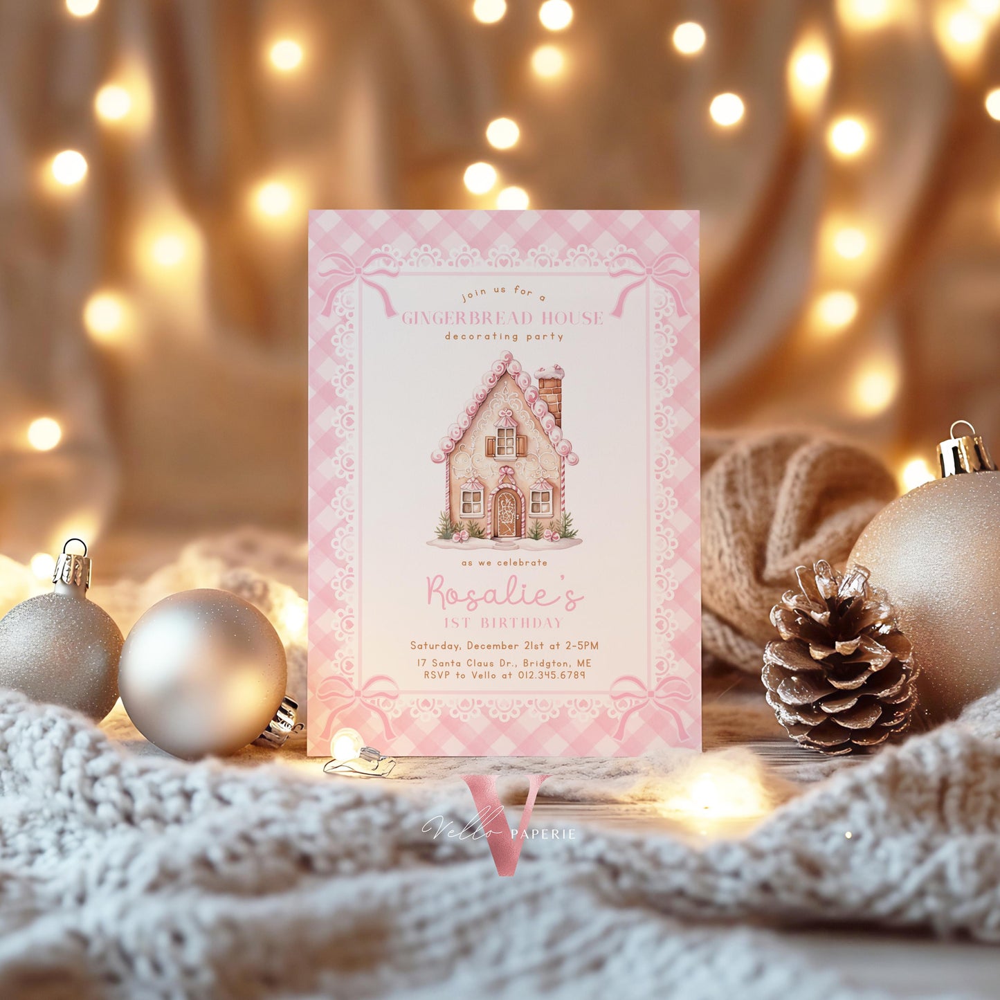Editable Gingerbread House Decorating Party Birthday Party Invite | Fun Holiday Baking Party Invitation | Pink Cookie Christmas Birthday