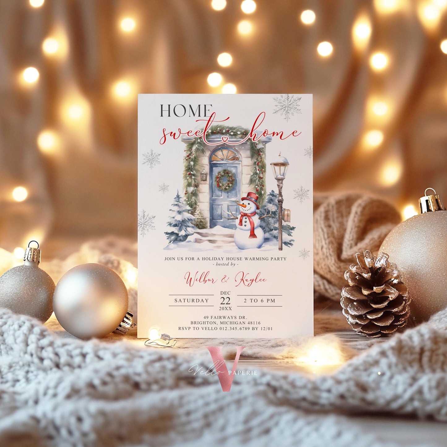Winter House Warming Invitation | Neutral Silver Door Home Sweet Home Party Invite | Modern or Rustic New House Celebration Christmas  WHW01