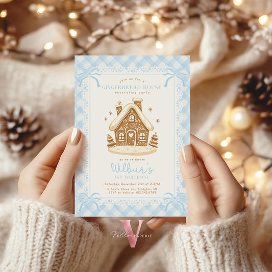 Editable Gingerbread House Decorating Party Birthday Party Invite | Fun Holiday Baking Party Invitation | Blue Gingham Christmas Birthday