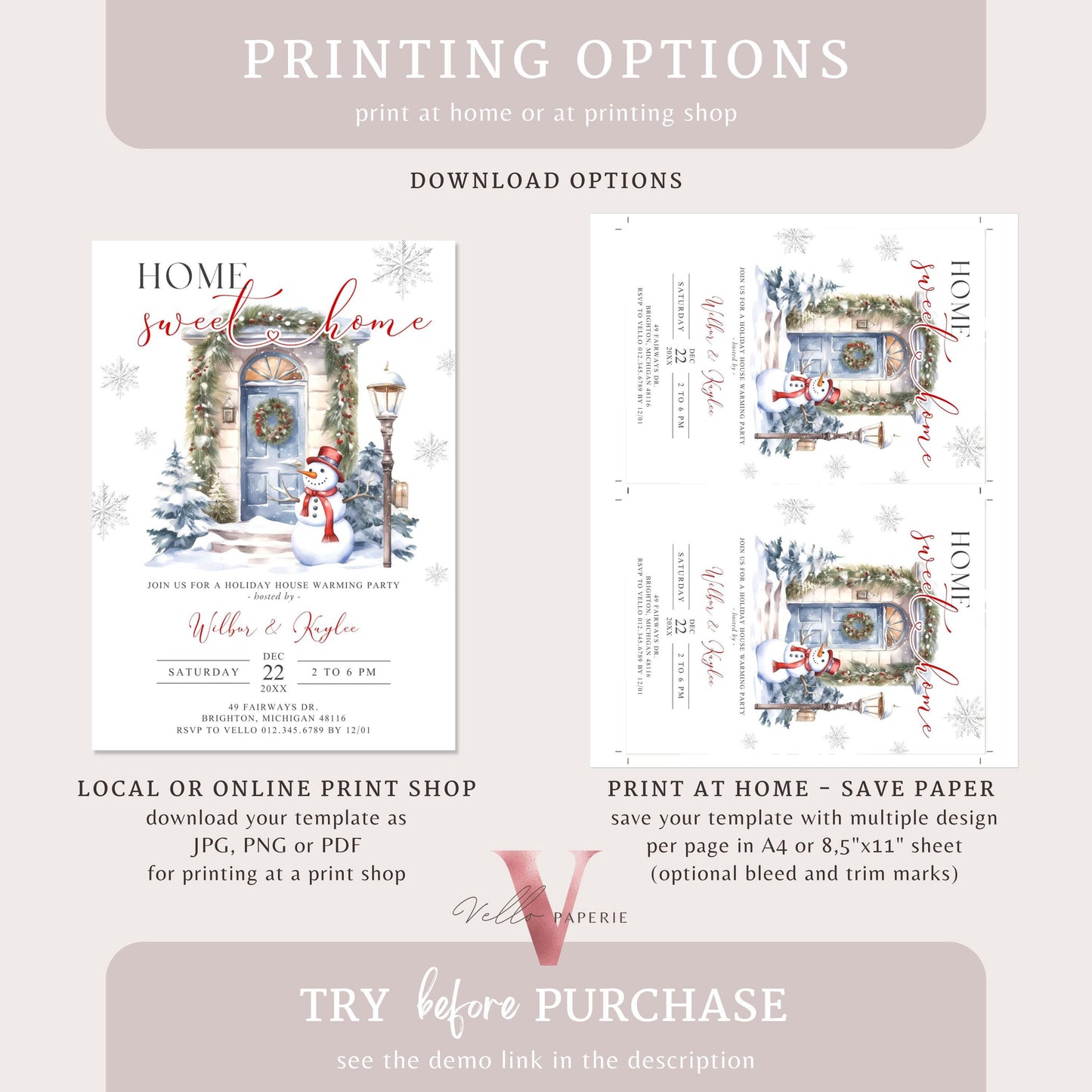 Winter House Warming Invitation | Neutral Silver Door Home Sweet Home Party Invite | Modern or Rustic New House Celebration Christmas  WHW01