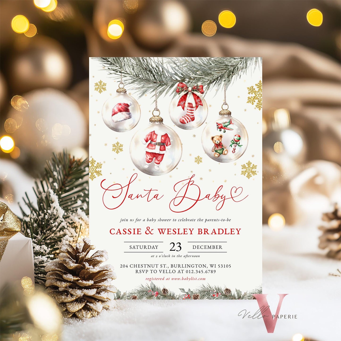 Editable Santa Baby Shower Invitation | Winter Gender Neutral Snowflake Baby Invite | Modern Boy Girl Christmas Baubles Baby Shower CWBS01