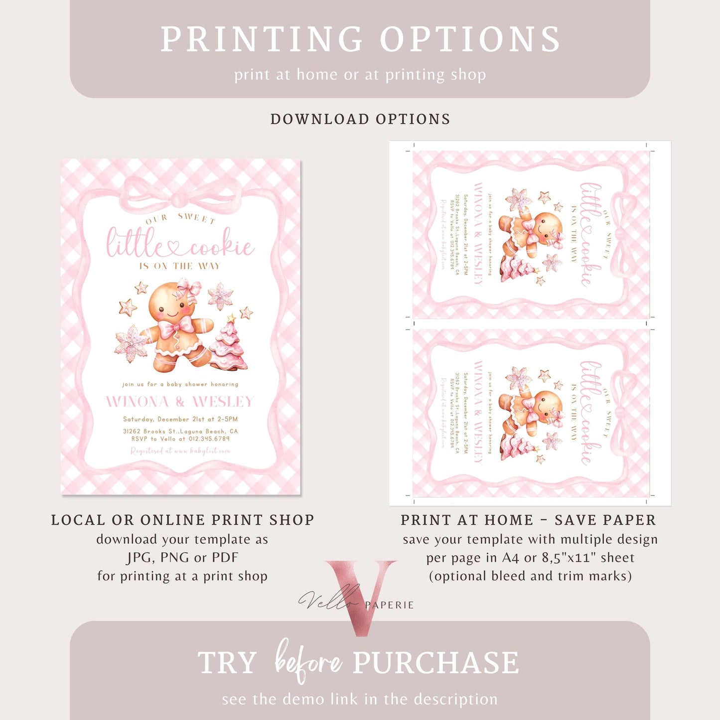 Little Cookie on the way Shower Invite | Winter Girl Gingerbread Baby Shower Invitation | Pink Gingerbread Christmas Season Gingham CWBS01