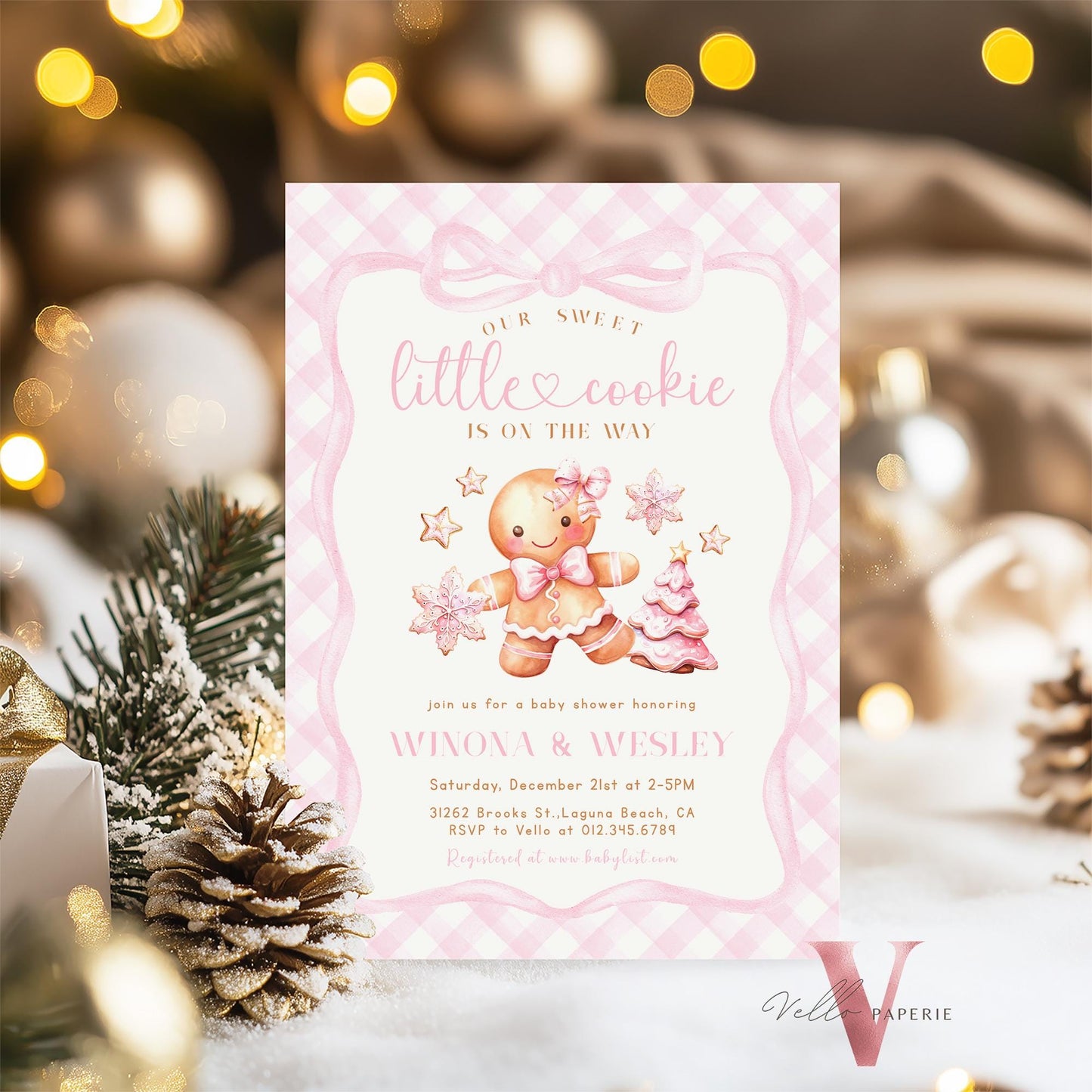 Little Cookie on the way Shower Invite | Winter Girl Gingerbread Baby Shower Invitation | Pink Gingerbread Christmas Season Gingham CWBS01