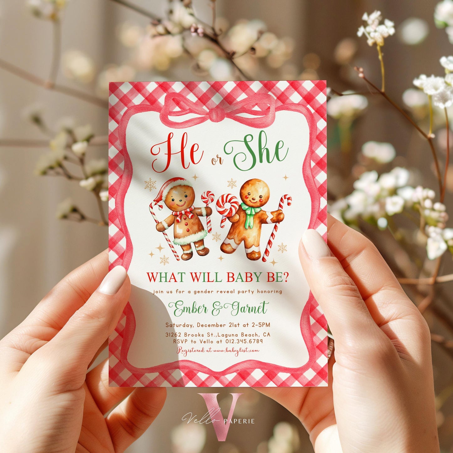 He or She Gingerbread Baby Shower Invitation | Winter Gender Reveal Cookie Baby Invite | Red Green Gingerbread Christmas Gingham CWBS01