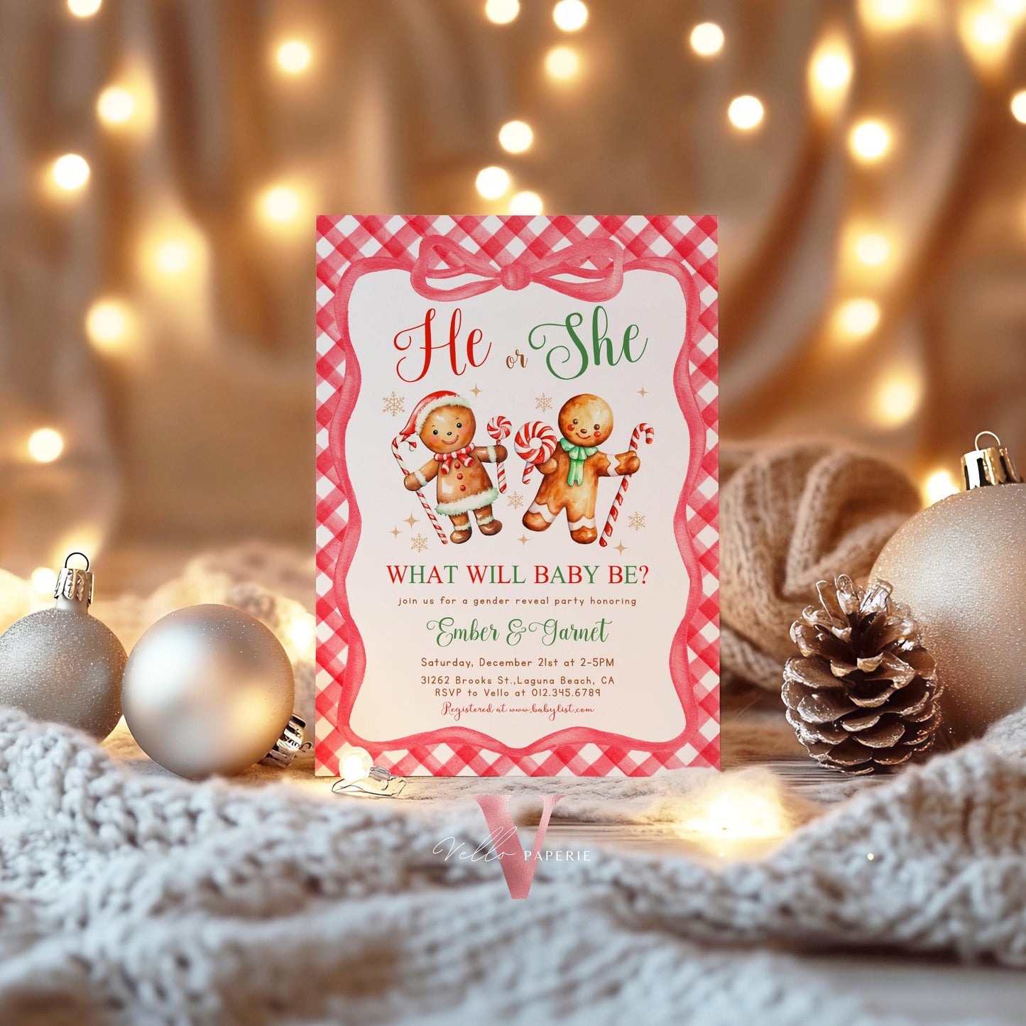 He or She Gingerbread Baby Shower Invitation | Winter Gender Reveal Cookie Baby Invite | Red Green Gingerbread Christmas Gingham CWBS01