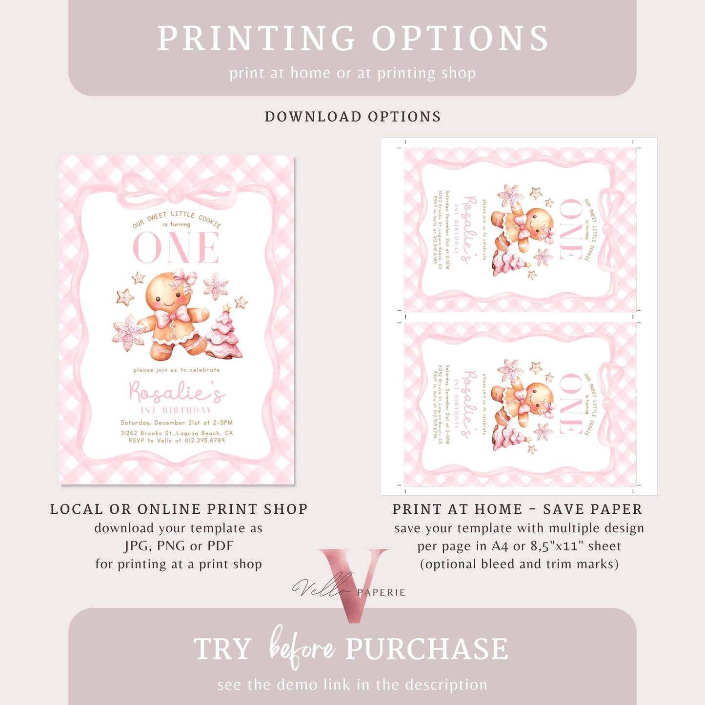 Editable Age Gingerbread Birthday Party Invite | ANY AGE Fun Holiday Baking Party Invitation | Pink Little Cookie Gingham Christmas Birthday