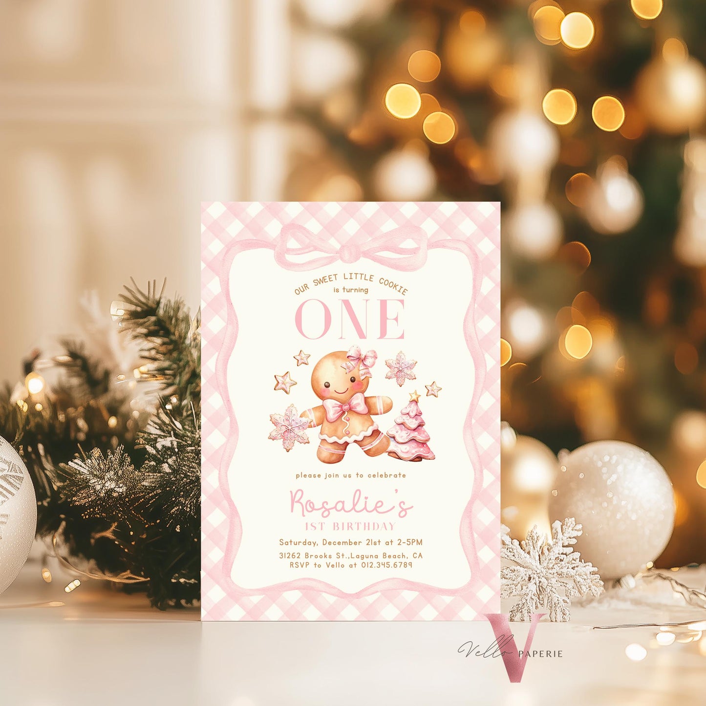 Editable Age Gingerbread Birthday Party Invite | ANY AGE Fun Holiday Baking Party Invitation | Pink Little Cookie Gingham Christmas Birthday