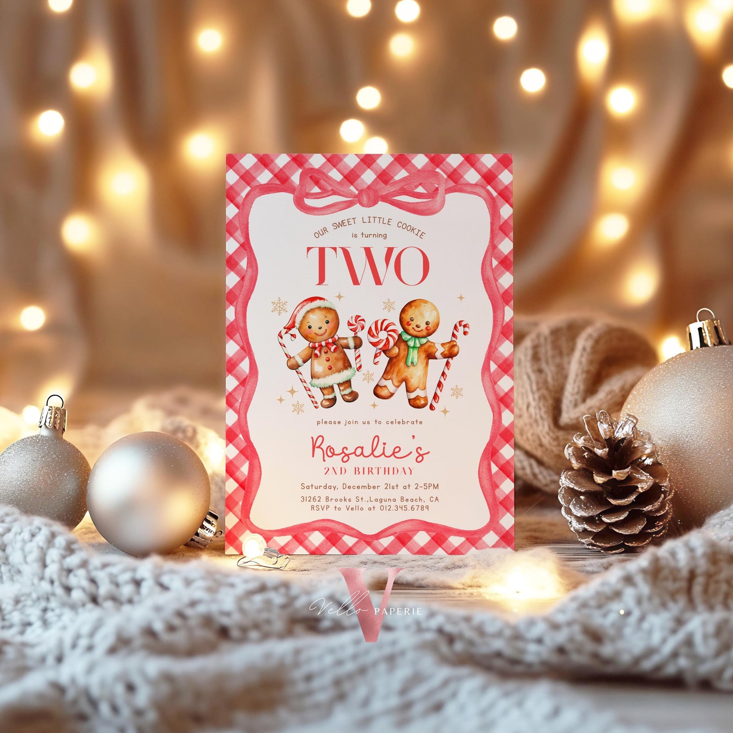 Editable Age Gingerbread Birthday Party Invite | ANY AGE Fun Holiday Baking Party Invitation | Red Little Cookie Gingham Christmas Birthday