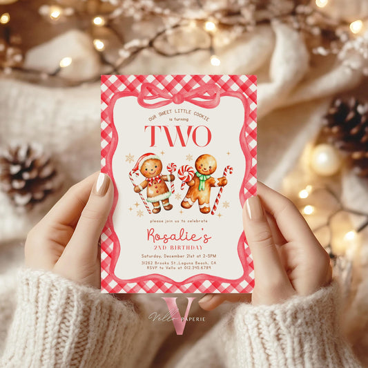 Editable Age Gingerbread Birthday Party Invite | ANY AGE Fun Holiday Baking Party Invitation | Red Little Cookie Gingham Christmas Birthday