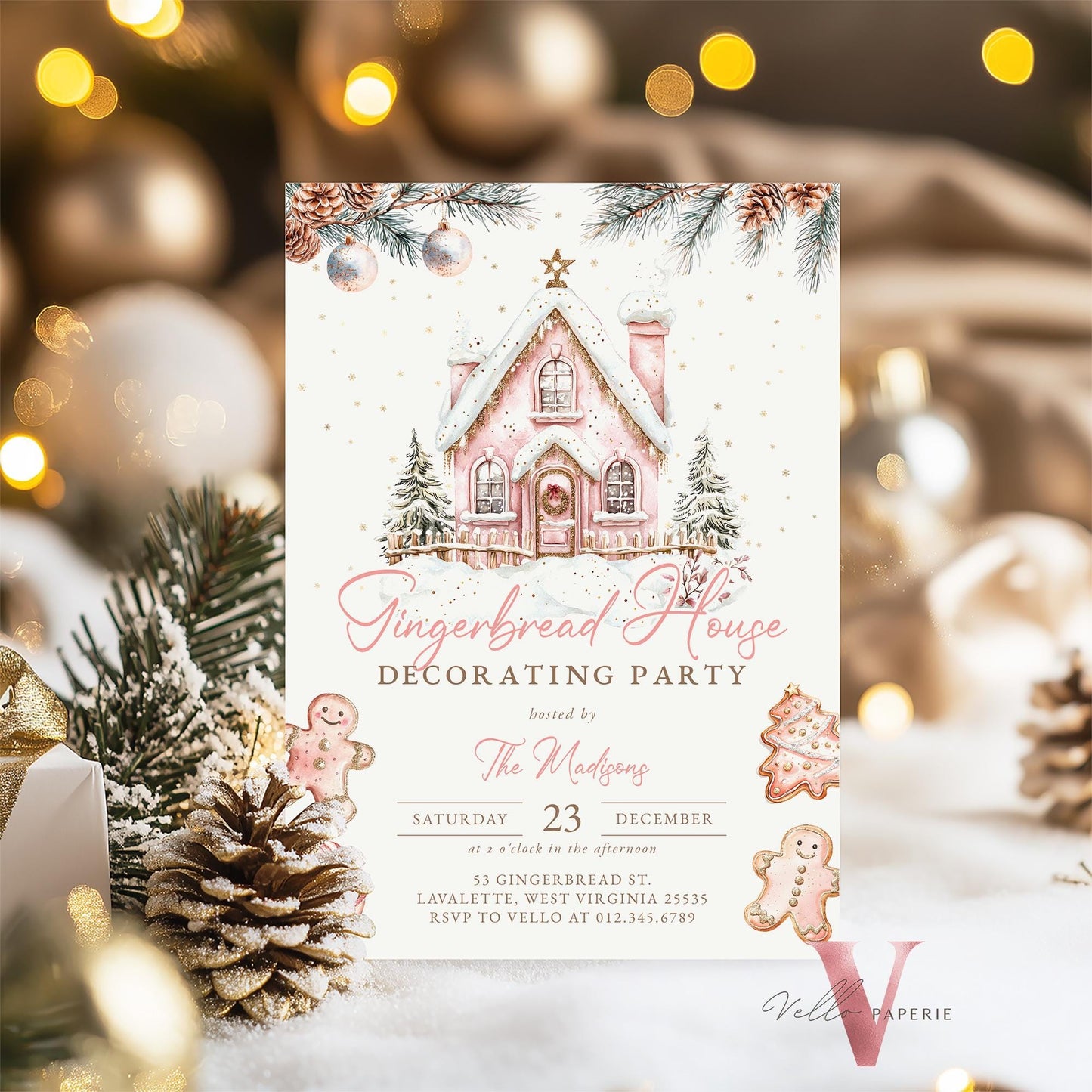 Editable Gingerbread House Decorating Party Invite | Fun Holiday Baking Party Invitation | Rosegold Pink Sparkle Christmas Celebration