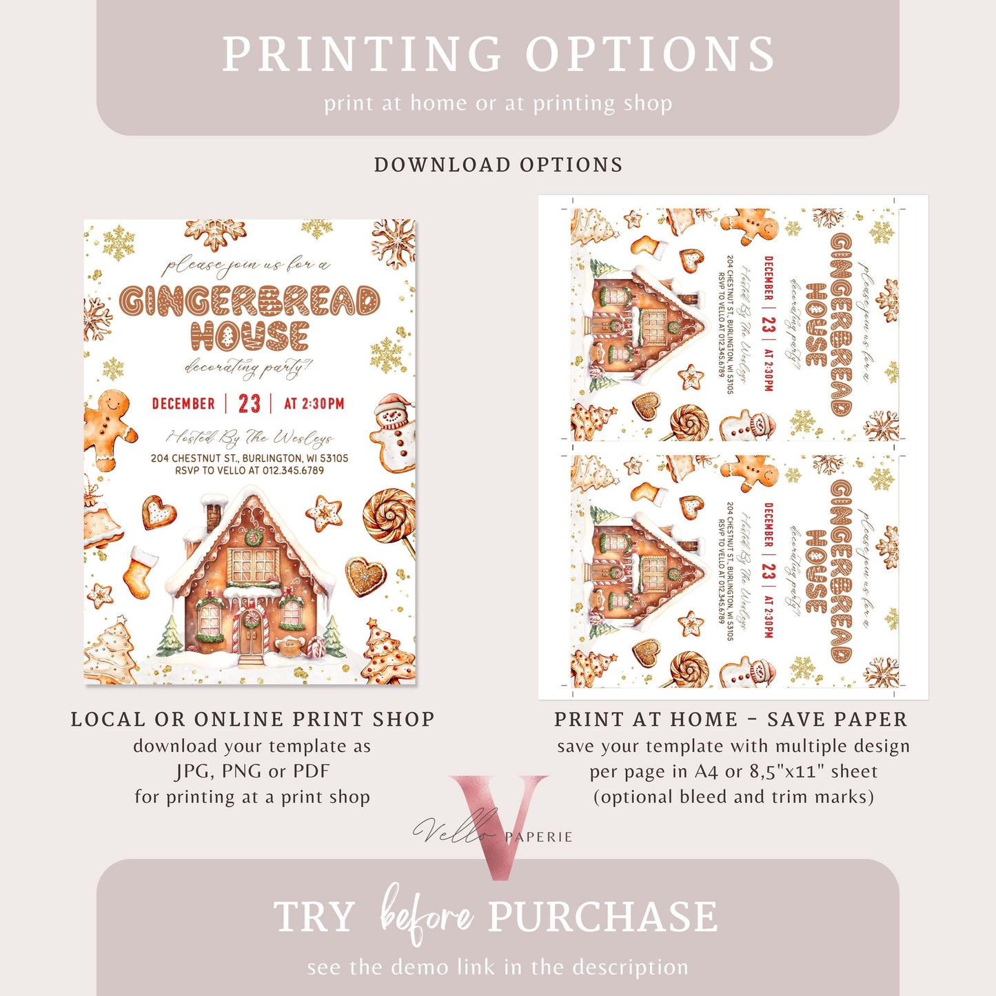 Editable Neutral Gingerbread House Decorating Party Invite | Fun Holiday Baking Party Invitation | Brown Gold Sparkle Christmas Celebration