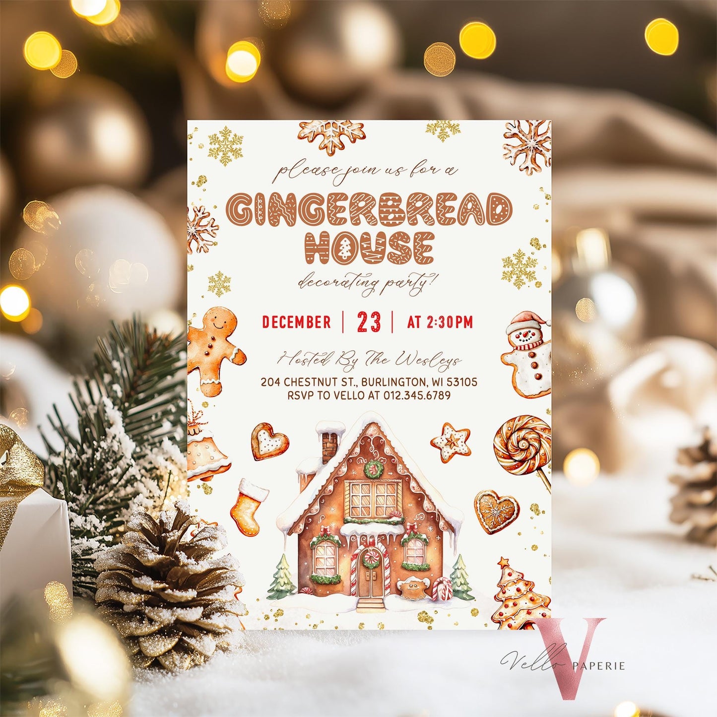 Editable Neutral Gingerbread House Decorating Party Invite | Fun Holiday Baking Party Invitation | Brown Gold Sparkle Christmas Celebration