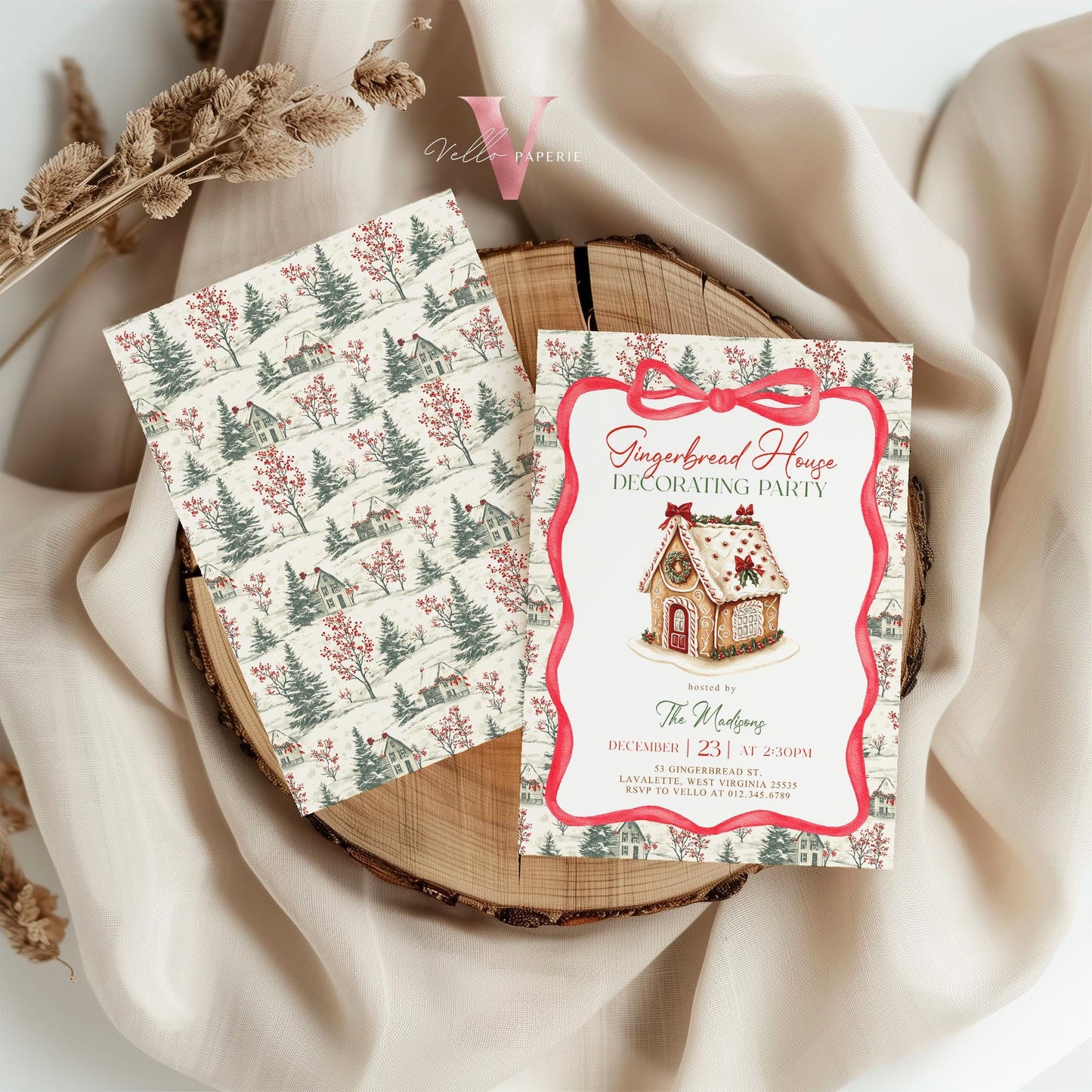 Editable Toile Gingerbread House Decorating Party Invite | Fun Holiday Baking Party Invitation | Chinoiserie Cookie Christmas Celebration