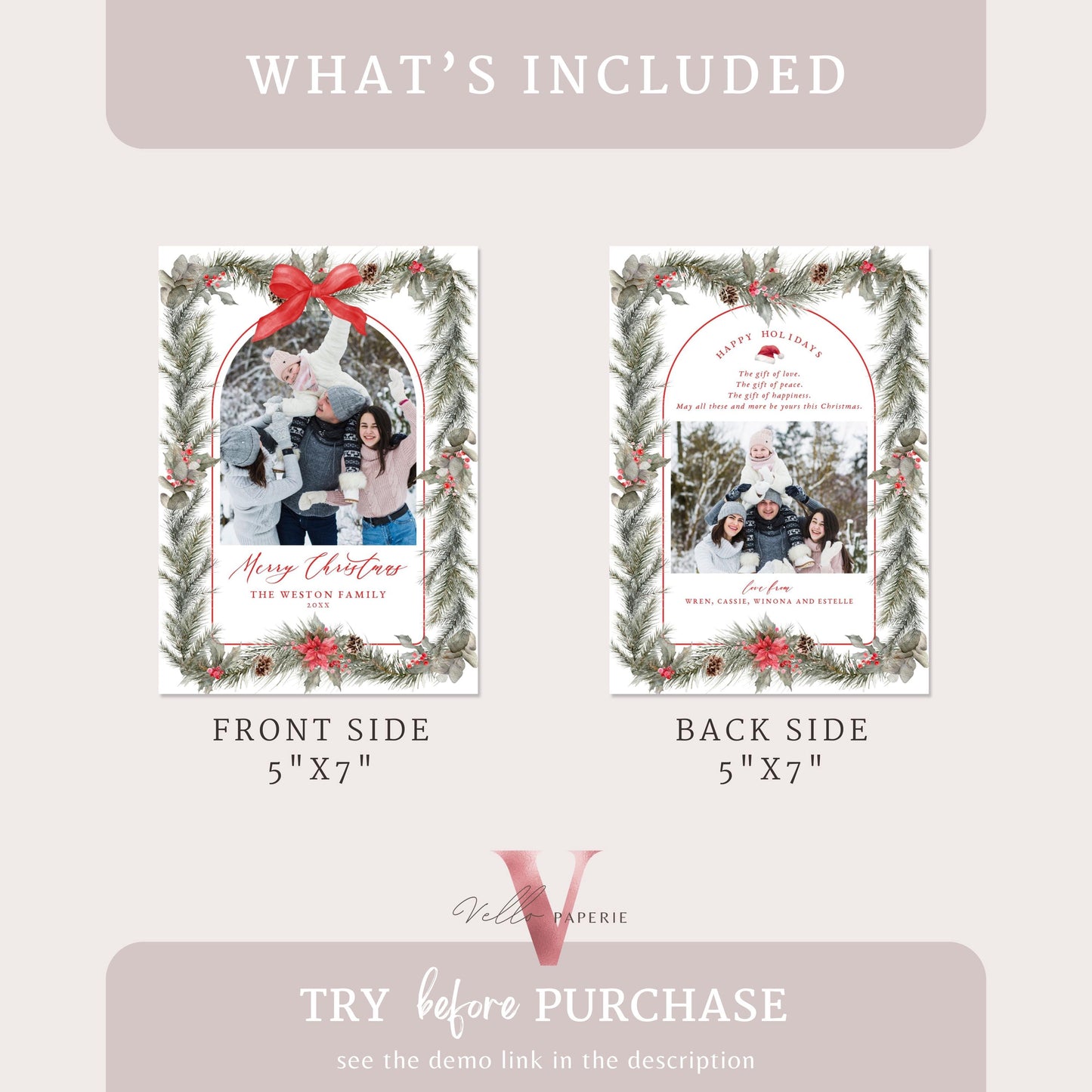 Printable 2Side Photo Christmas Card Template | Neutral Beige Gold Photo Holiday Card | Classic Botanical Christmas Bow Winter Photo PCC12