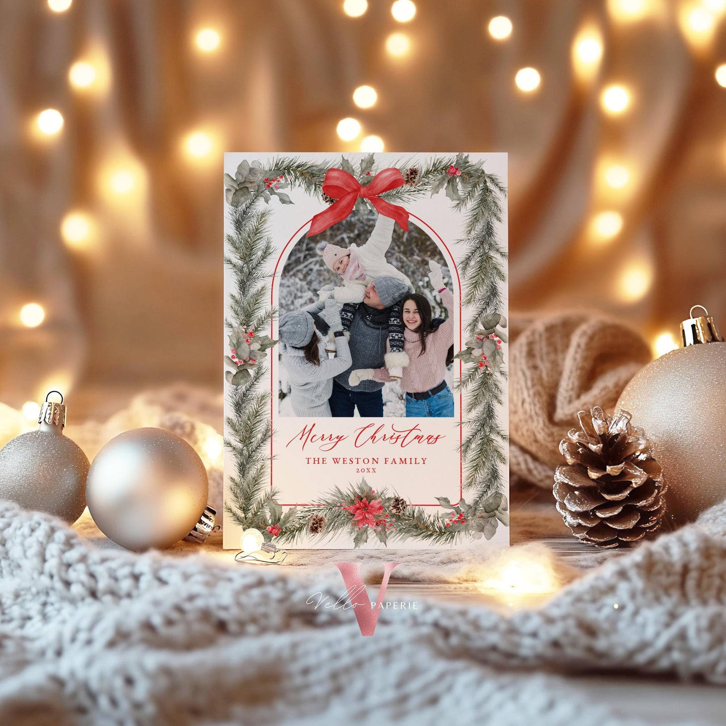 Printable 2Side Photo Christmas Card Template | Neutral Beige Gold Photo Holiday Card | Classic Botanical Christmas Bow Winter Photo PCC12