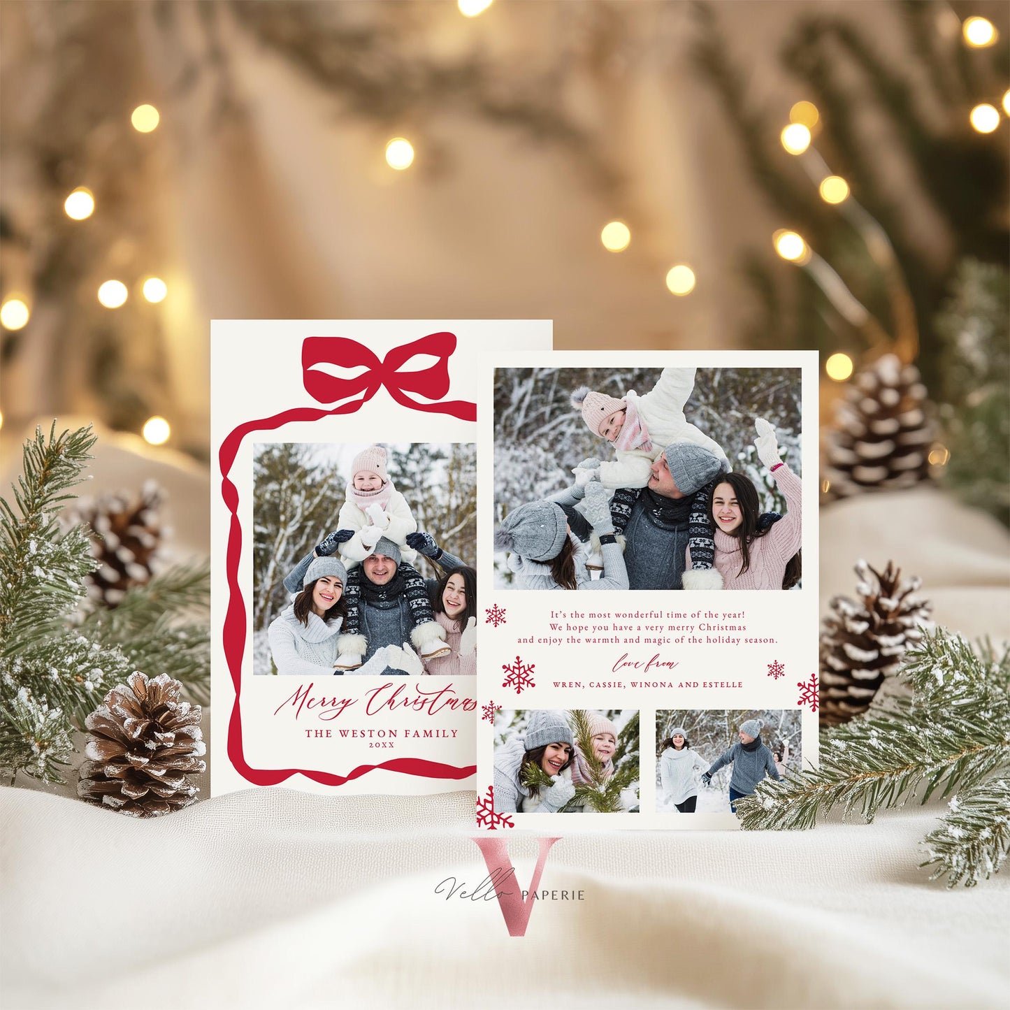 Printable Modern Minimalist Photo Christmas Card Template | Neutral Red Bow Photo Holiday Card | Editable Christmas Winter Photo PCC12