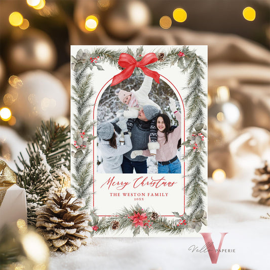 Printable 2Side Photo Christmas Card Template | Neutral Beige Gold Photo Holiday Card | Classic Botanical Christmas Bow Winter Photo PCC12