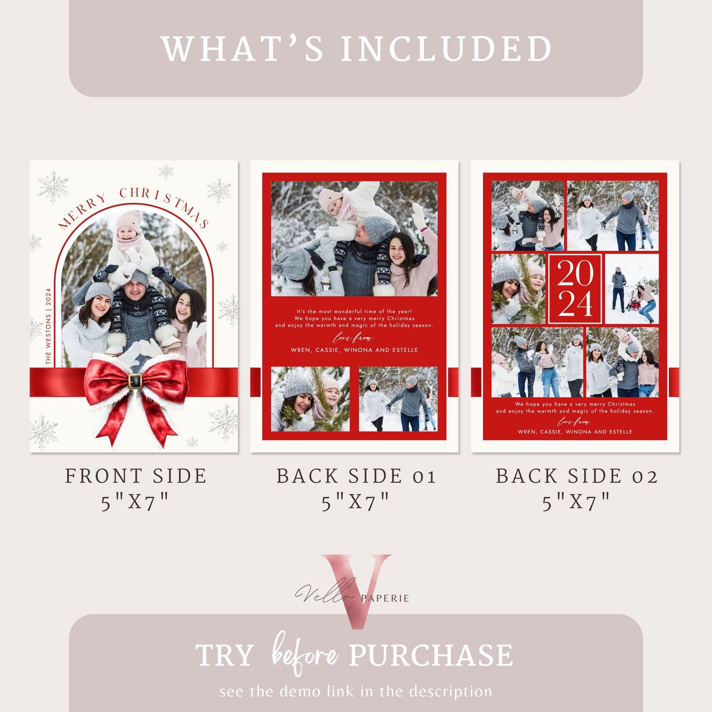 Printable 3 Designs Modern Photo Christmas Card Template | Red Santa Bow Photo Holiday Card | Minimalist Arch Winter Christmas Photo PCC12