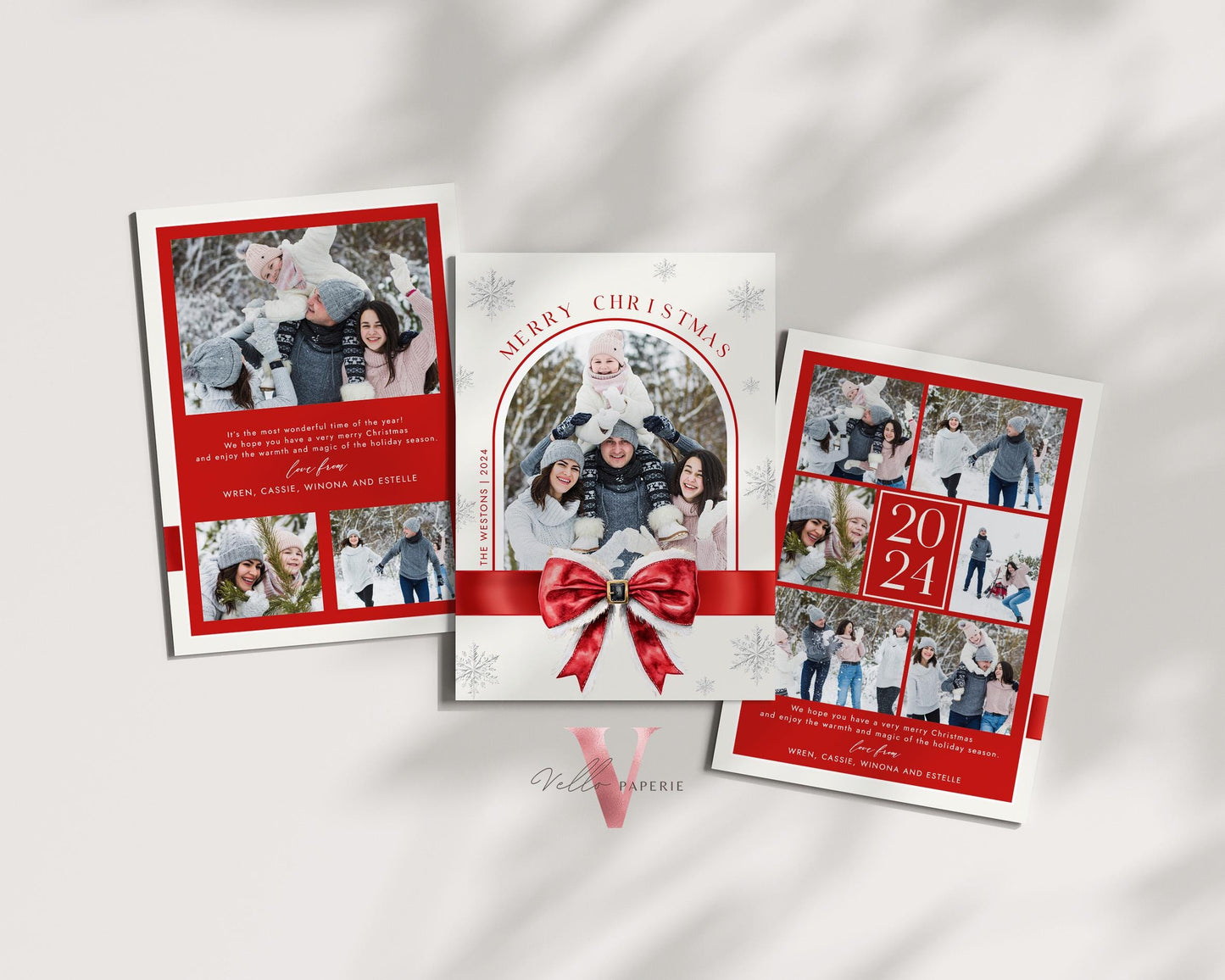 Printable 3 Designs Modern Photo Christmas Card Template | Red Santa Bow Photo Holiday Card | Minimalist Arch Winter Christmas Photo PCC12