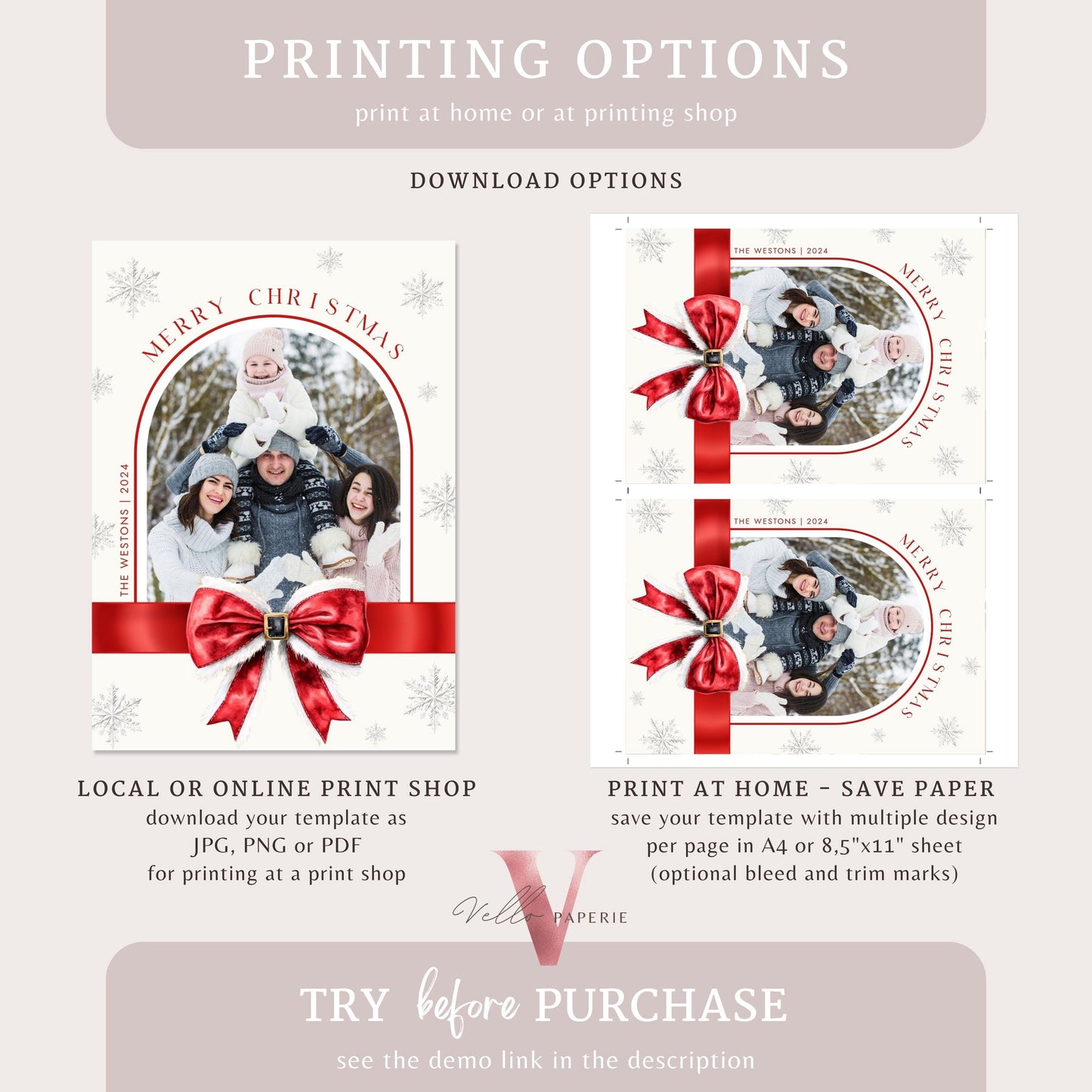 Printable 3 Designs Modern Photo Christmas Card Template | Red Santa Bow Photo Holiday Card | Minimalist Arch Winter Christmas Photo PCC12
