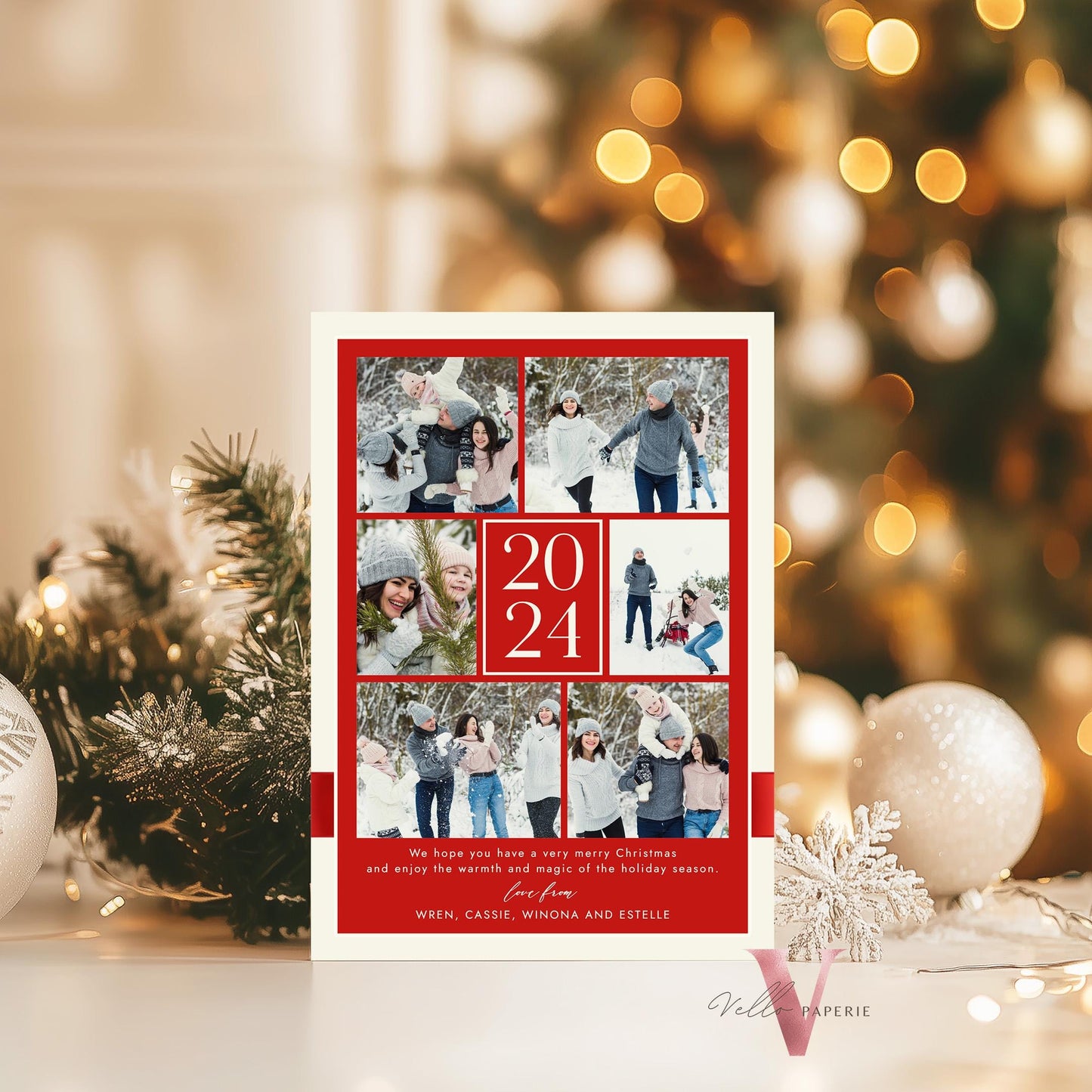 Printable 3 Designs Modern Photo Christmas Card Template | Red Santa Bow Photo Holiday Card | Minimalist Arch Winter Christmas Photo PCC12