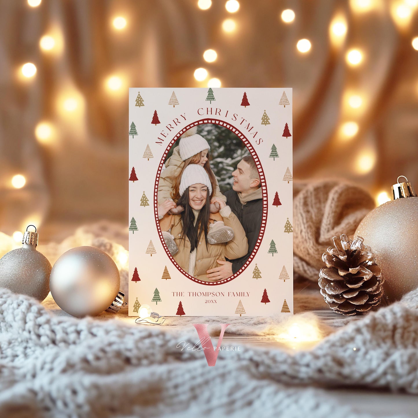Printable Boho Photo Christmas Card Template | Modern Bohemian Winter Photo Holiday Card | Oval Photo Frame Christmas Tree Greeting PCC12