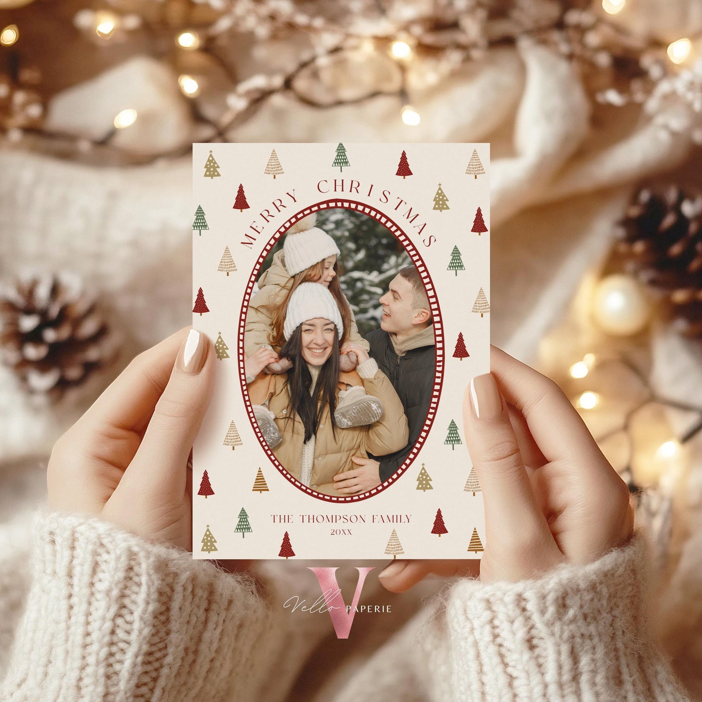 Printable Boho Photo Christmas Card Template | Modern Bohemian Winter Photo Holiday Card | Oval Photo Frame Christmas Tree Greeting PCC12