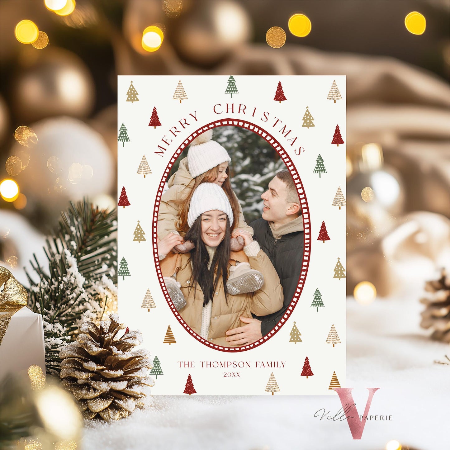 Printable Boho Photo Christmas Card Template | Modern Bohemian Winter Photo Holiday Card | Oval Photo Frame Christmas Tree Greeting PCC12