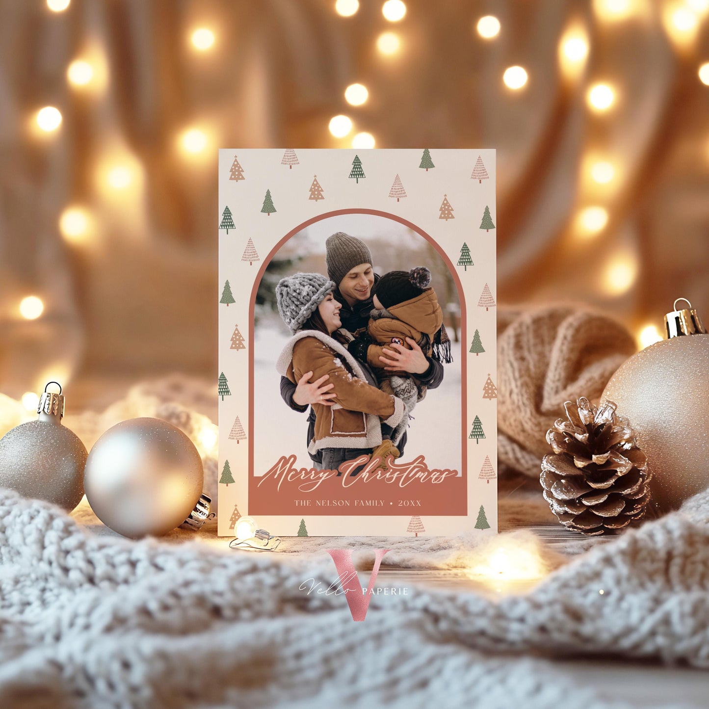 Printable Boho Photo Christmas 3 Card Template | Modern Bohemian Winter Photo Holiday Card | Arch Photo Frame Christmas Tree Greeting PCC12