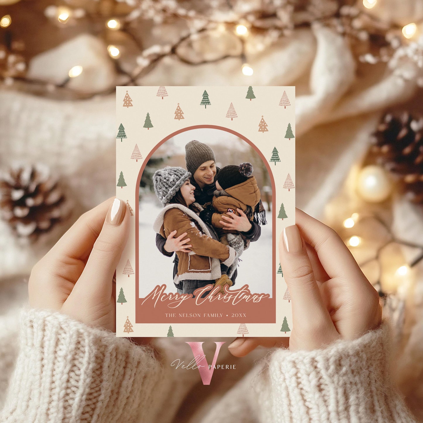 Printable Boho Photo Christmas 3 Card Template | Modern Bohemian Winter Photo Holiday Card | Arch Photo Frame Christmas Tree Greeting PCC12